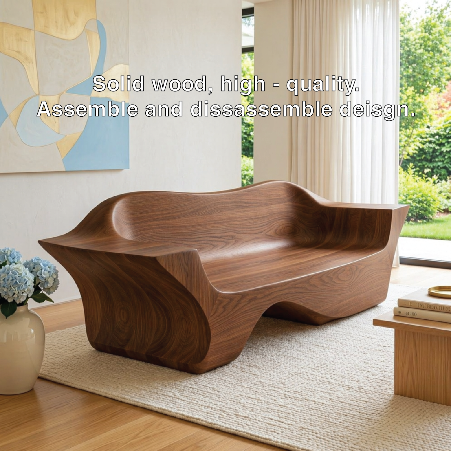 Modern Sculptural Curved Sofa Bench, Organic Statement Living Room Furniture Piece