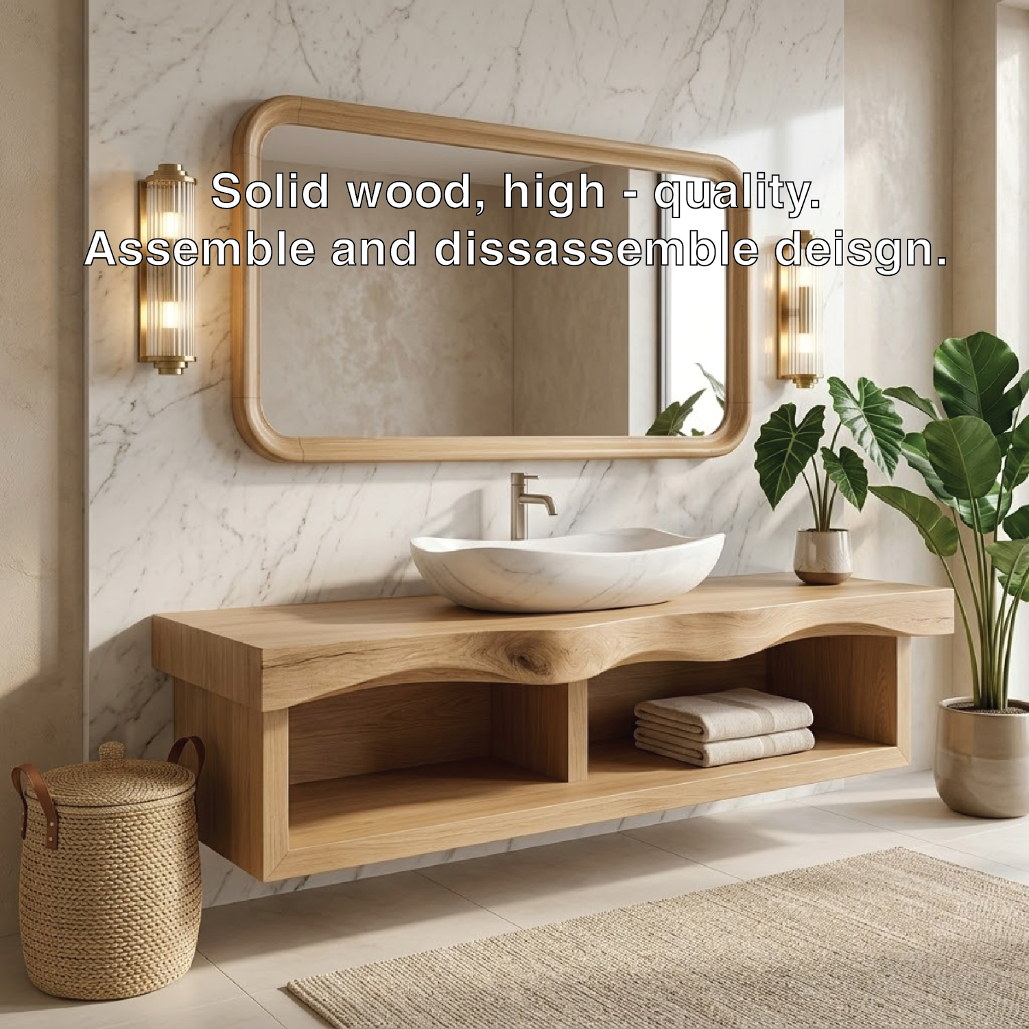 Floating Vanity with Natural Walnut Wood, Unique Curve Design and Open Shelf
