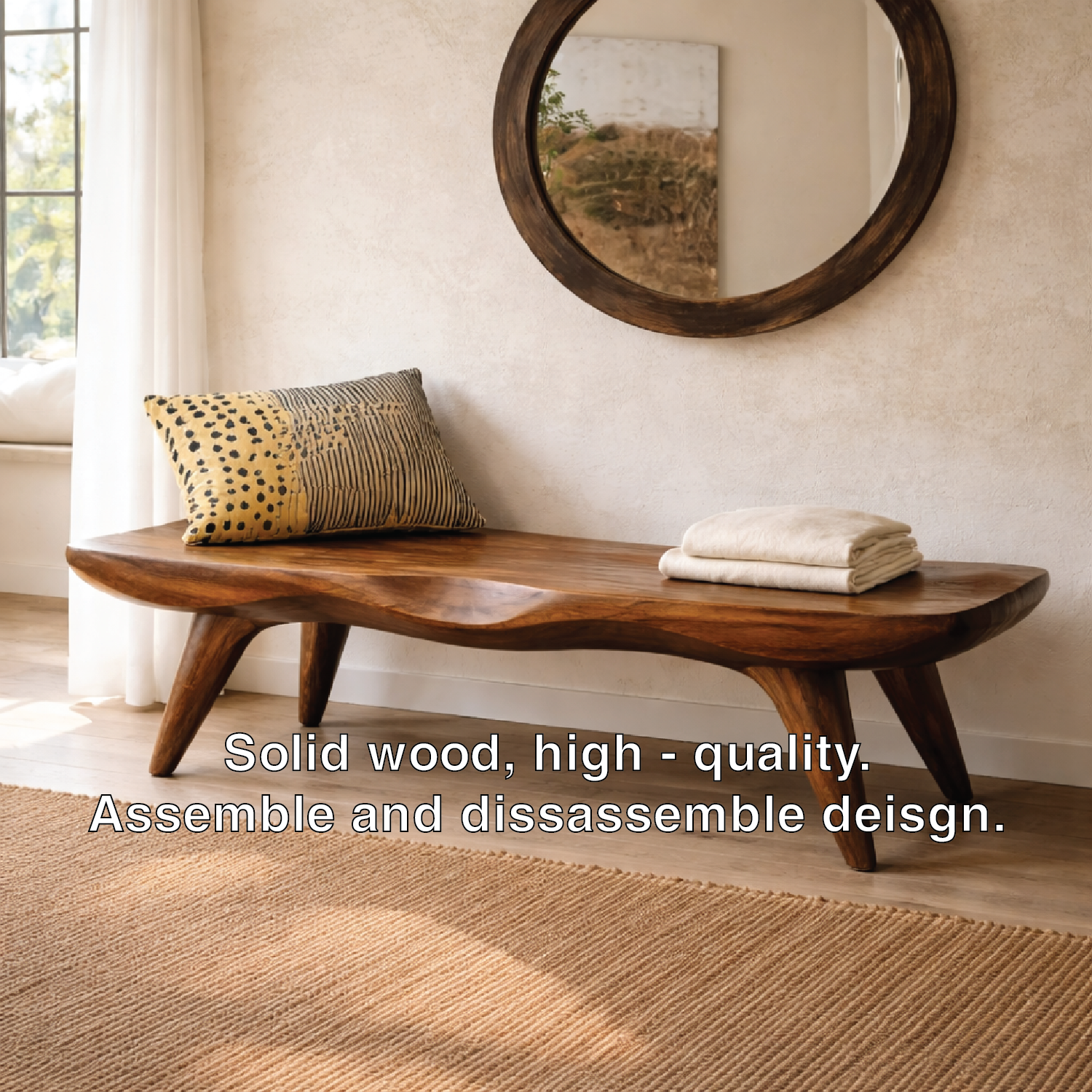 Live Edge Solid Wood Bench, Sculpted Rustic Entryway Hallway Seating