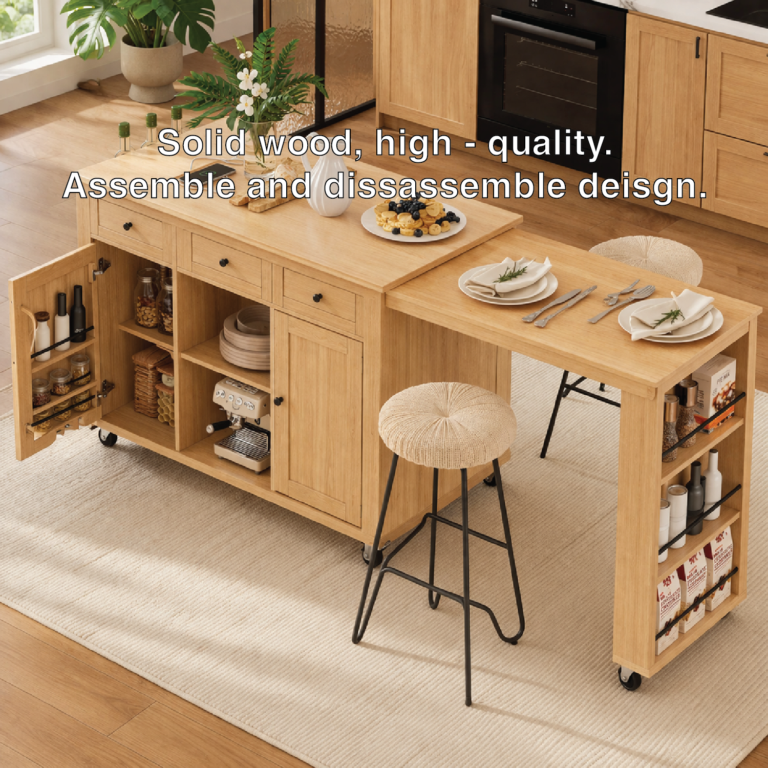 Rolling Kitchen Island with Extendable Dining Table Storage Cabinet and Spice Rack Organizer