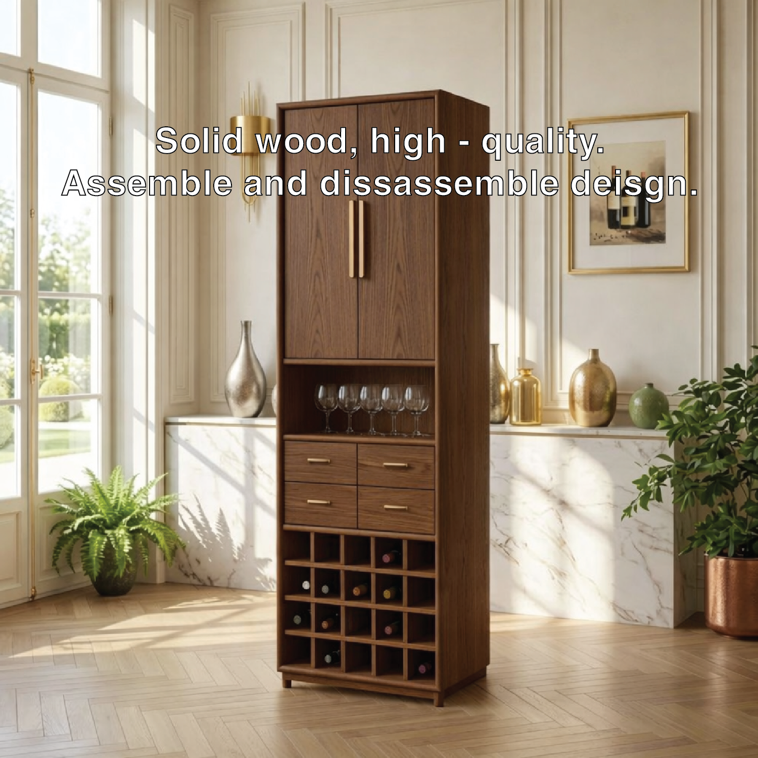 Modern Wine Cabinet with Glass Display, Drawers and Built-In Bottle Rack Storage