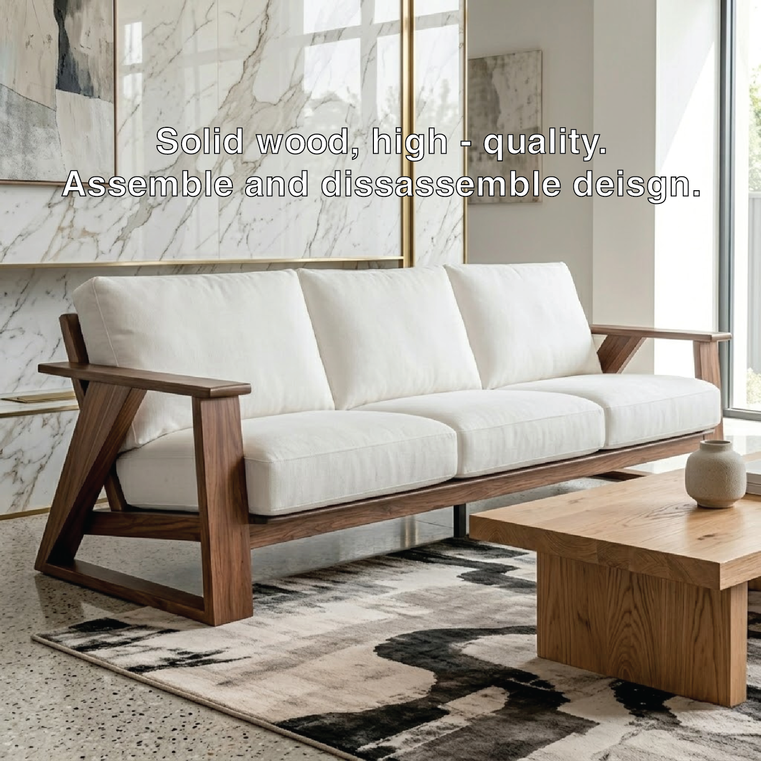 Modern Geometric Solid Wood Sofa with White Linen Cushions Mid Century Living Couch