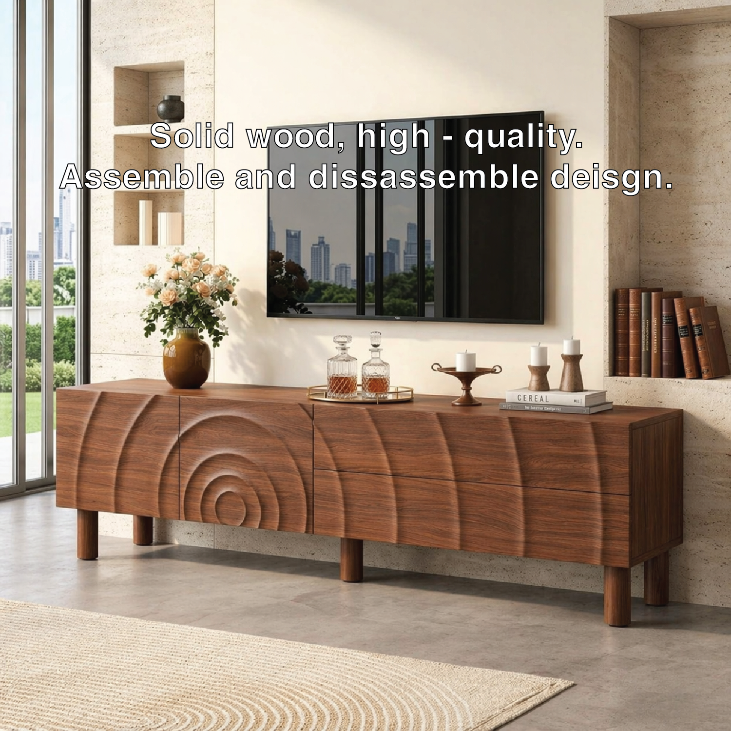 Modern Carved TV Console, Sculptural Entertainment Cabinet for Elegant Interiors