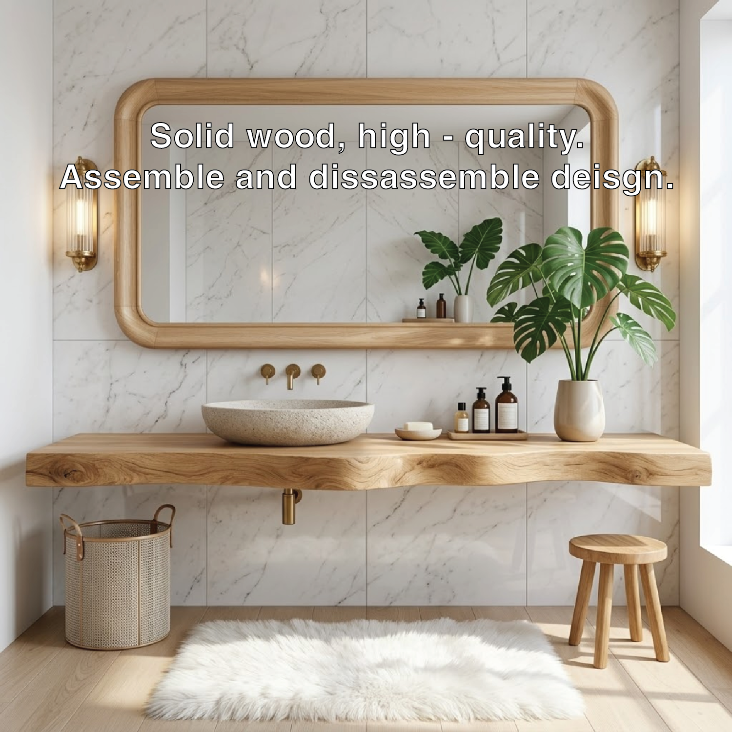 Floating Vanity with Natural Wood, Open Shelf, and Stone Basin Sink