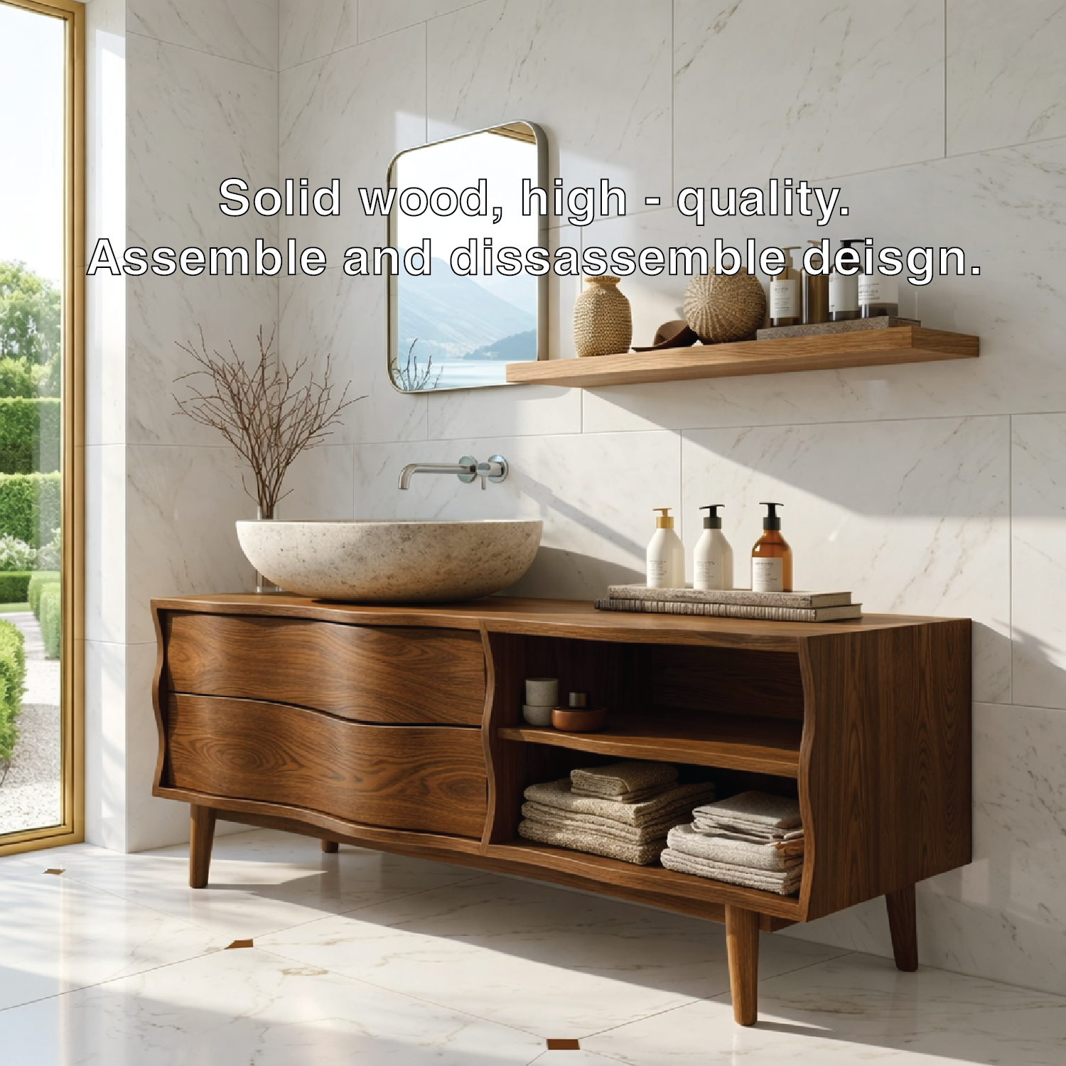 Contemporary Solid Wood Freestanding Bathroom Vanity with Sculpted Open Shelving