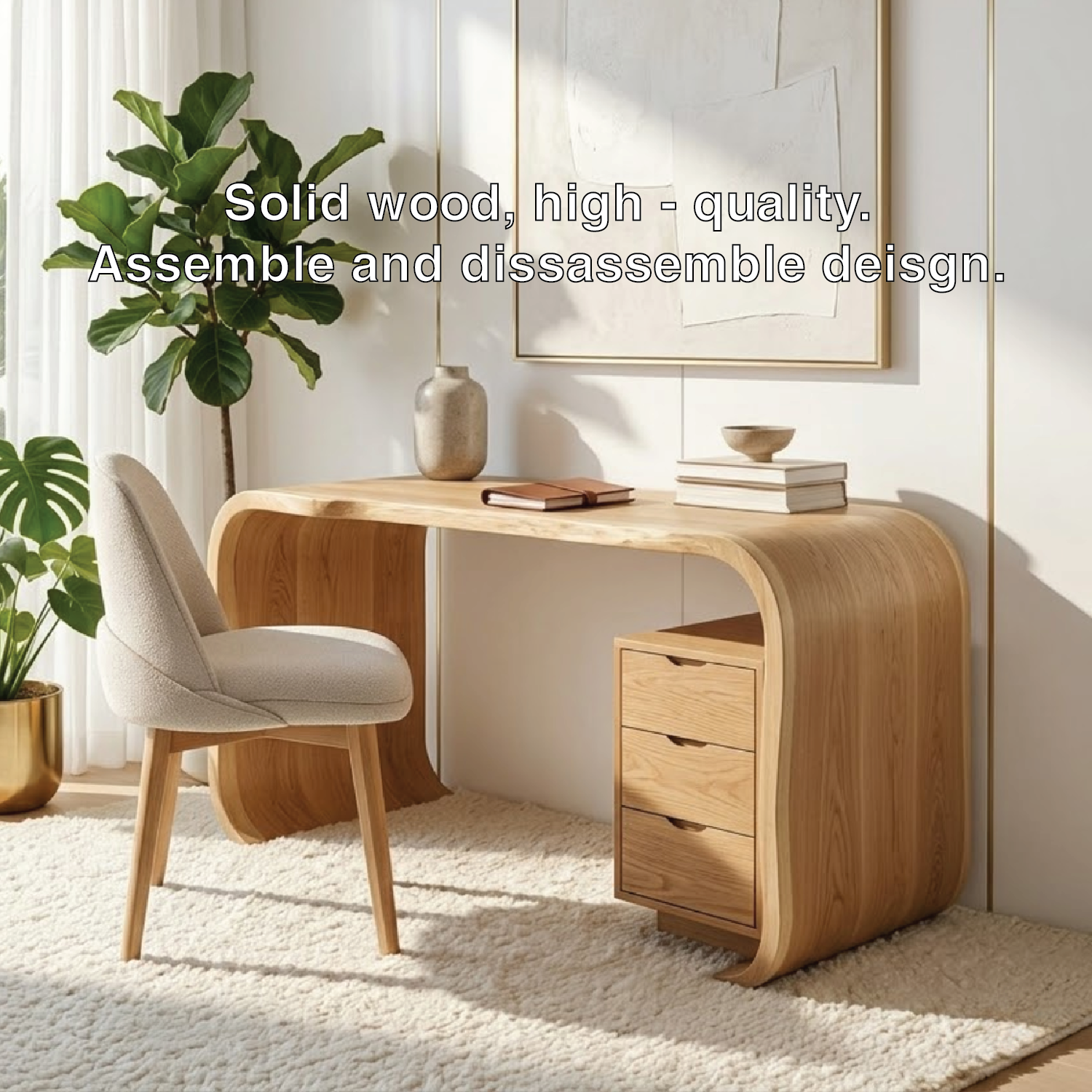 Curved Writing Desk with Drawer Storage Modern Home Office Table Minimal Workstation