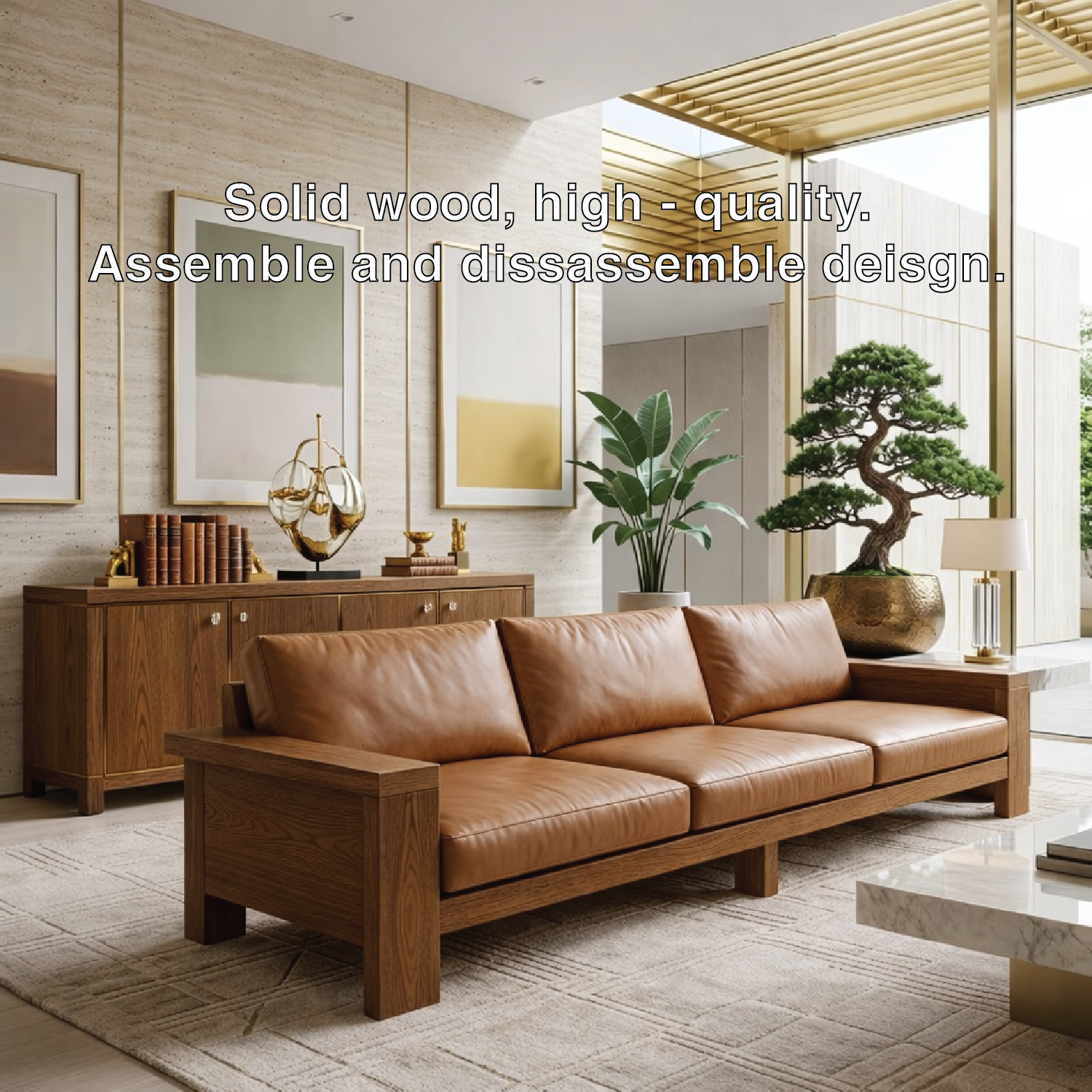 Modern Solid Wood Sofa with Leather Cushions Minimalist Scandi Living Room Couch