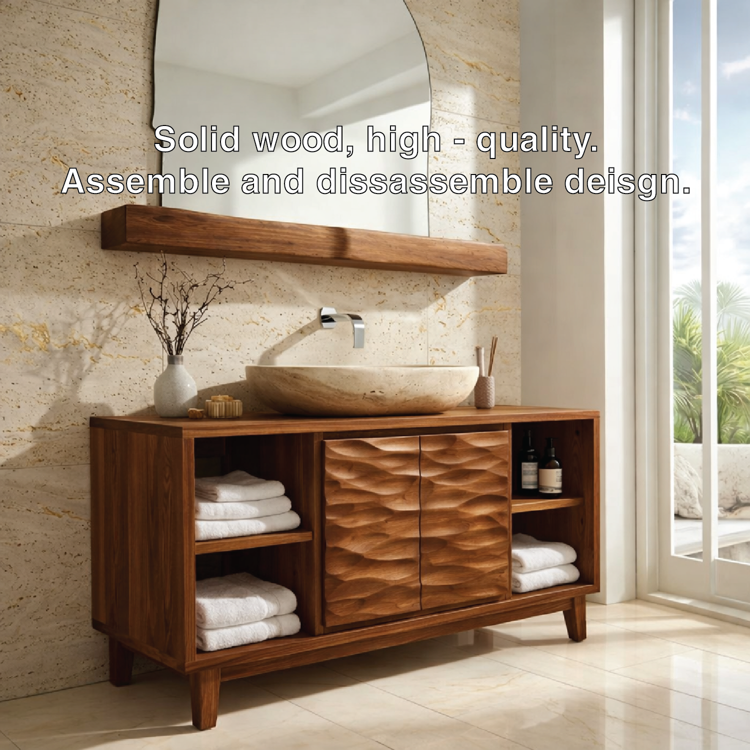 Contemporary Solid Wood Bathroom Vanity with Textured Cabinet Doors and Shelving