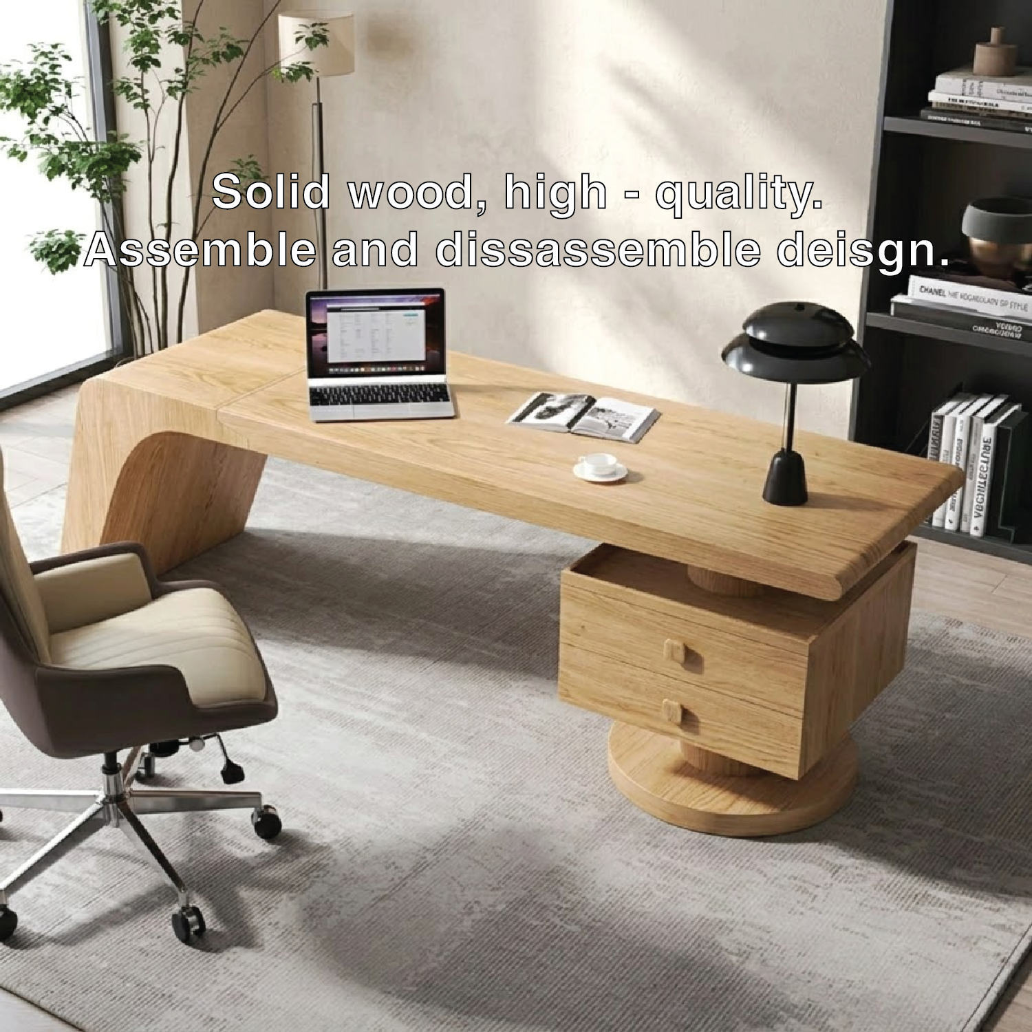 Modern Executive Desk with Curved Base and Drawers, Minimalist Office Writing Table