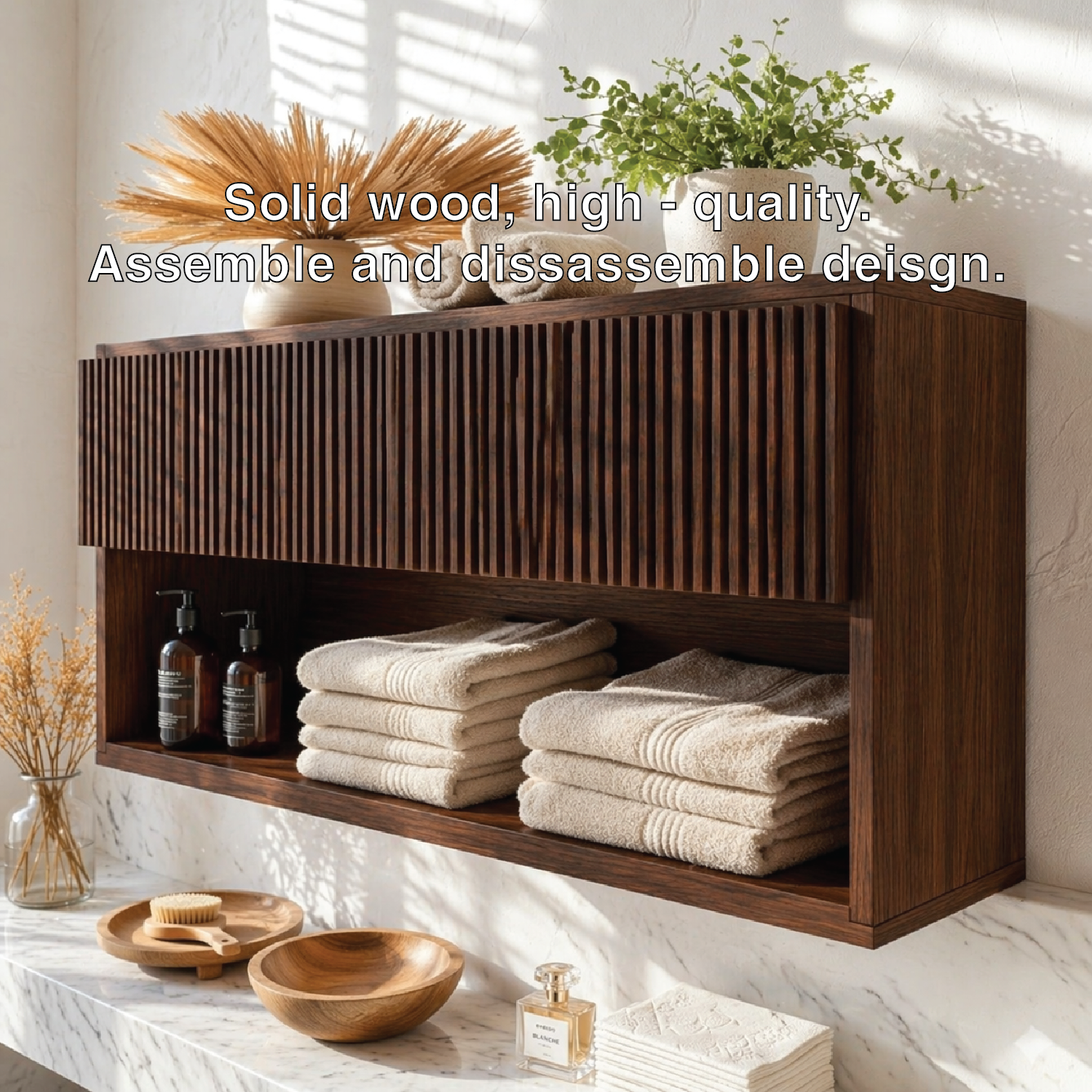 Floating Bathroom Cabinet, Modern Slatted Wall Mounted Vanity Storage Shelf Organizer