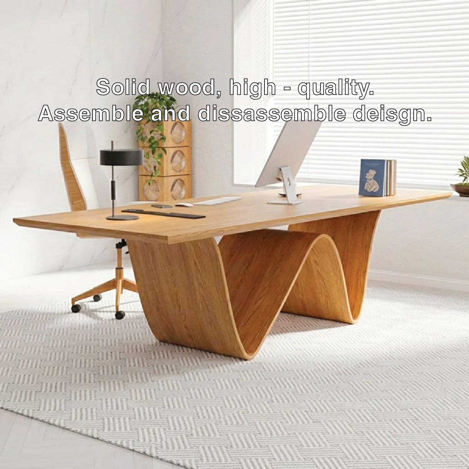 Modern Wave-Shaped Wooden Desk for Home Office, Contemporary Design