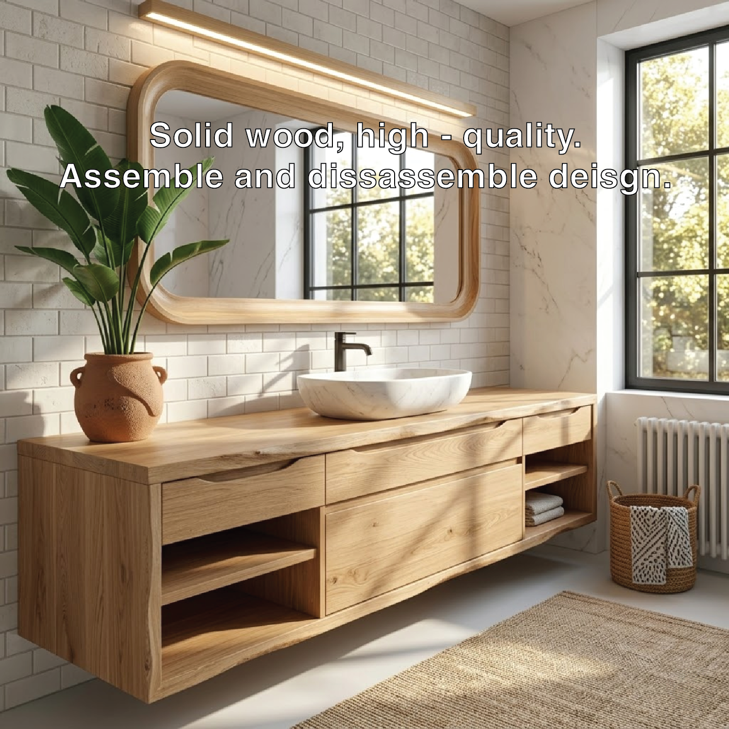 Oak Floating Vanity with Modern Design, Spacious Storage, and Sleek Marble Basin