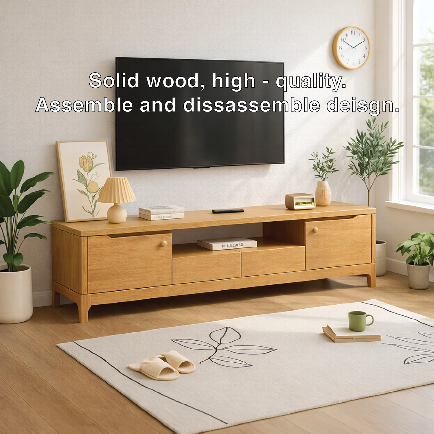 Modern Wood TV Stand Long Media Console With Storage Drawers Low Profile Entertainment Center