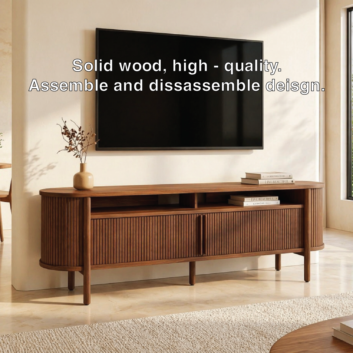 Modern Fluted TV Console, Rounded Media Cabinet for Refined Living-Room Interiors