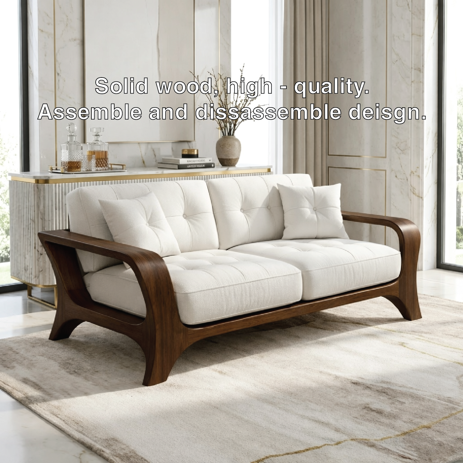 Luxury Curved Solid Wood Sofa with White Tufted Cushions Modern Designer Couch