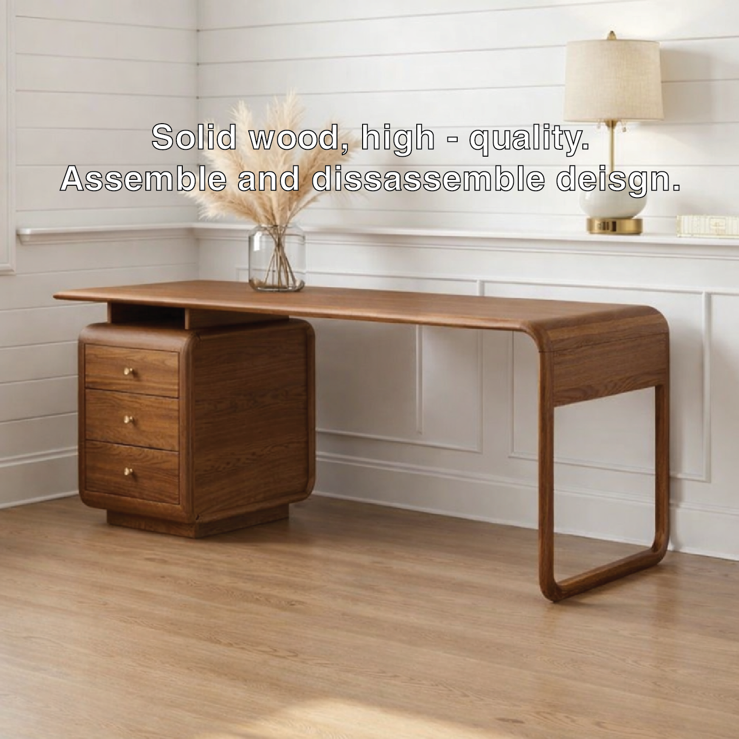 Modern Waterfall Desk with Drawers, Minimalist Home Office Writing Table