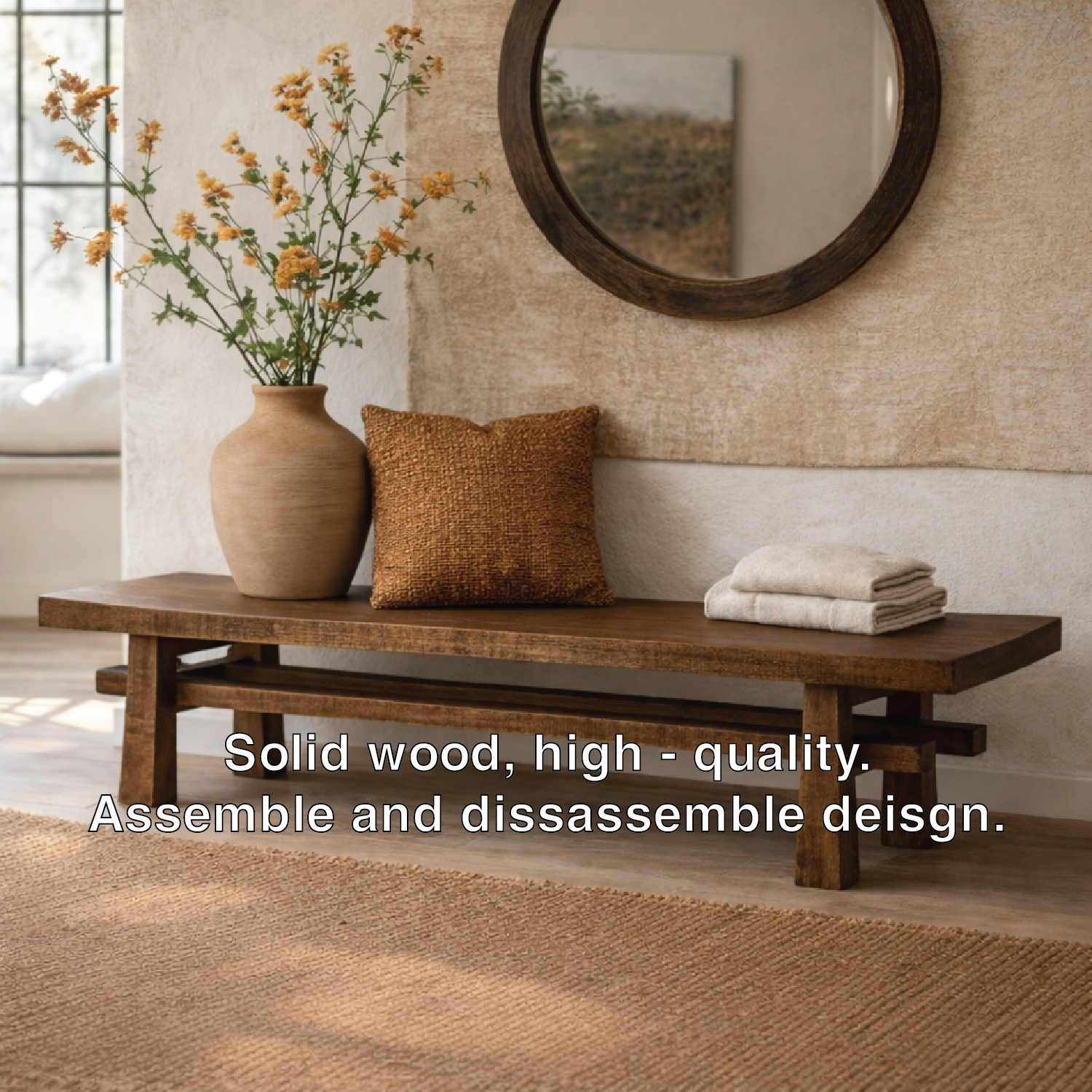 Rustic Solid Wood Entryway Bench, Farmhouse Hallway Seating