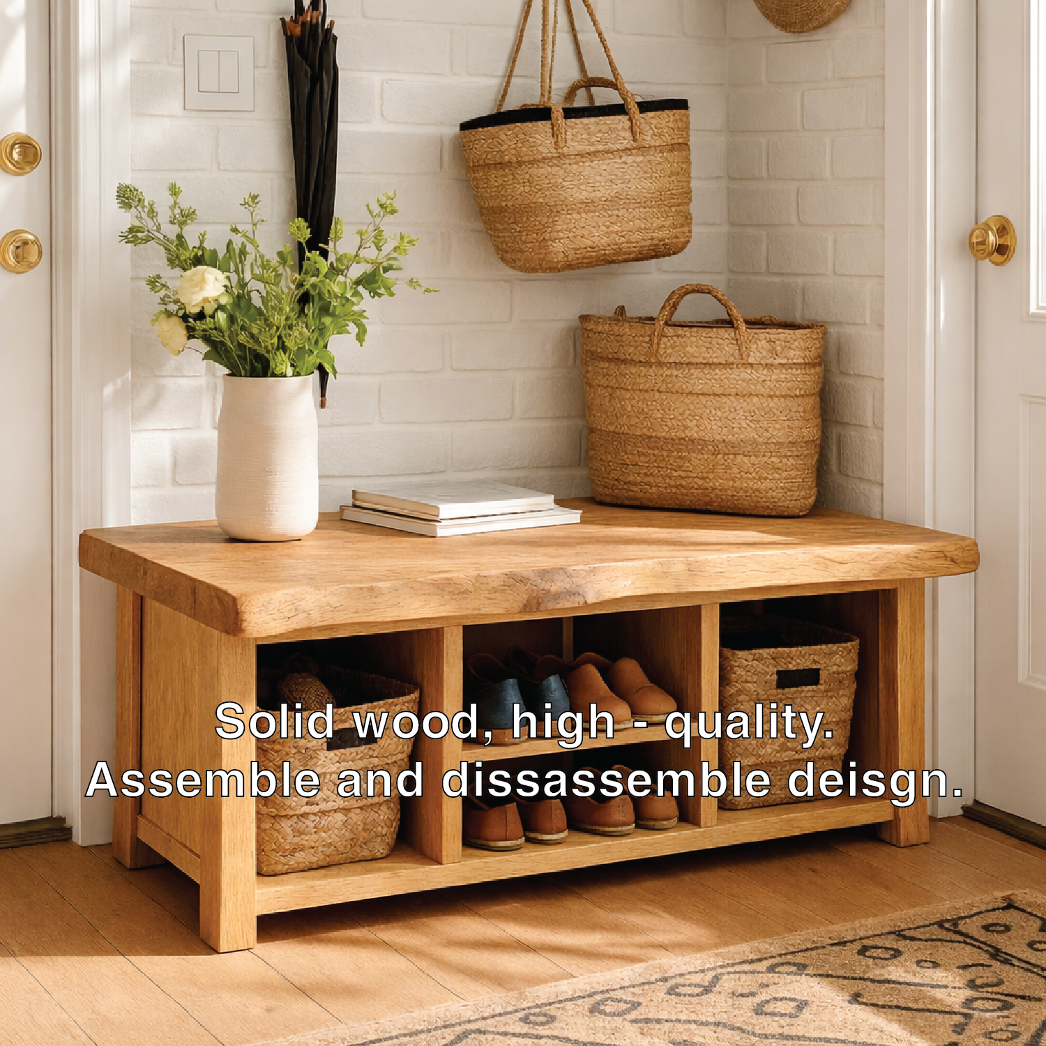 Solid Wood Entryway Bench with Storage Cubbies and Shoe Organizer Shelf