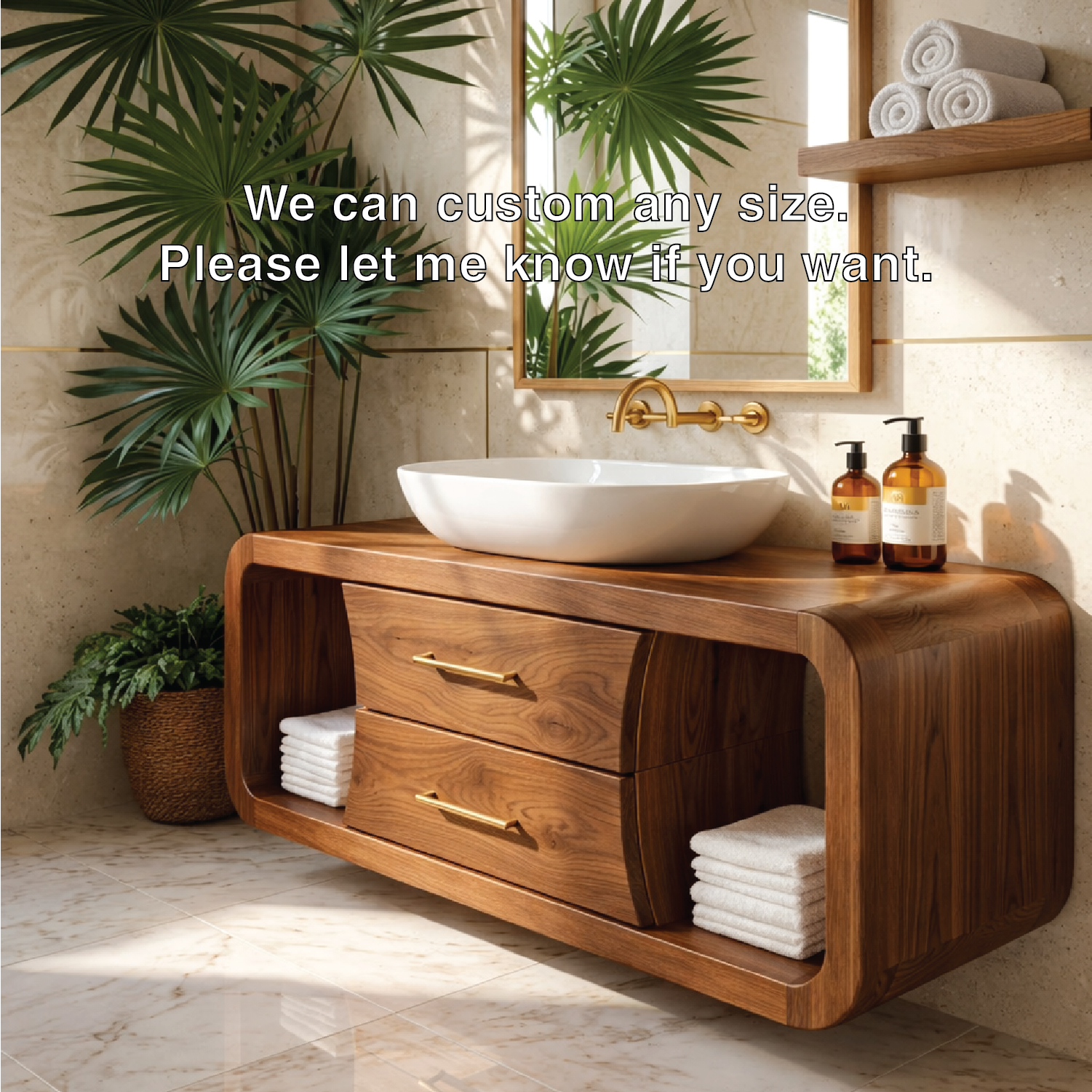 Modern Solid Wood Bathroom Vanity with Curved Frame and Open Shelf Storage