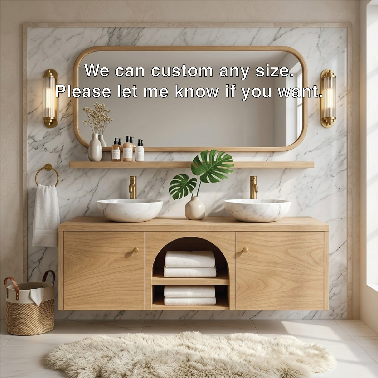 Double Sink Floating Vanity with Wooden Base and Elegant Gold Fixtures