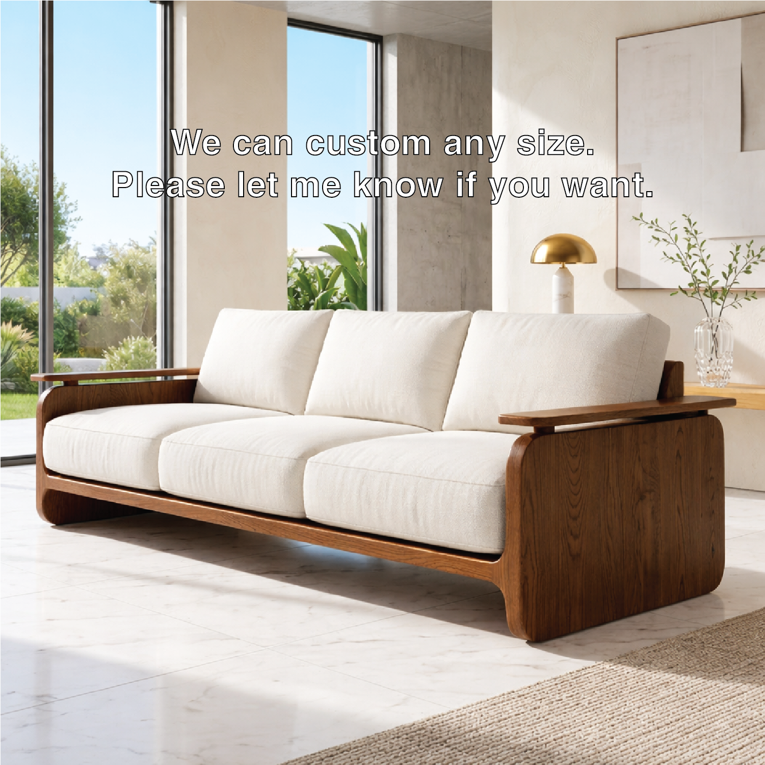 Modern Solid Wood Sofa with White Fabric Cushions Minimalist Japandi Living Room Couch