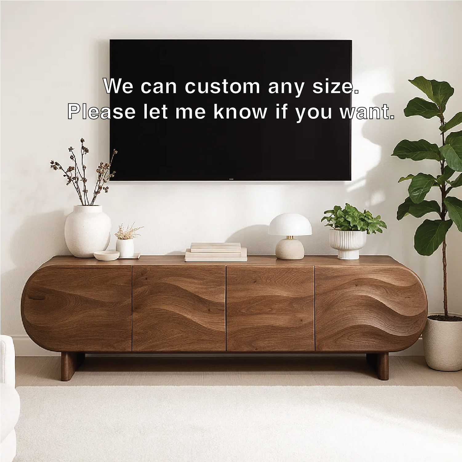 Modern Curved Wood TV Stand Long Media Console Storage Cabinet Low Profile Entertainment Center