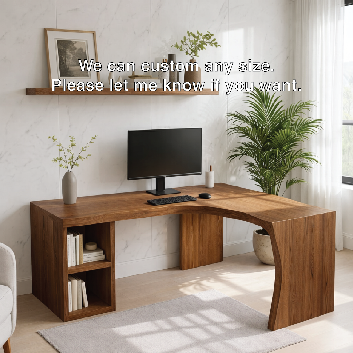 Modern L-Shaped Solid Wood Desk with Live Edge Corner Design – Walnut Home Office Workstation