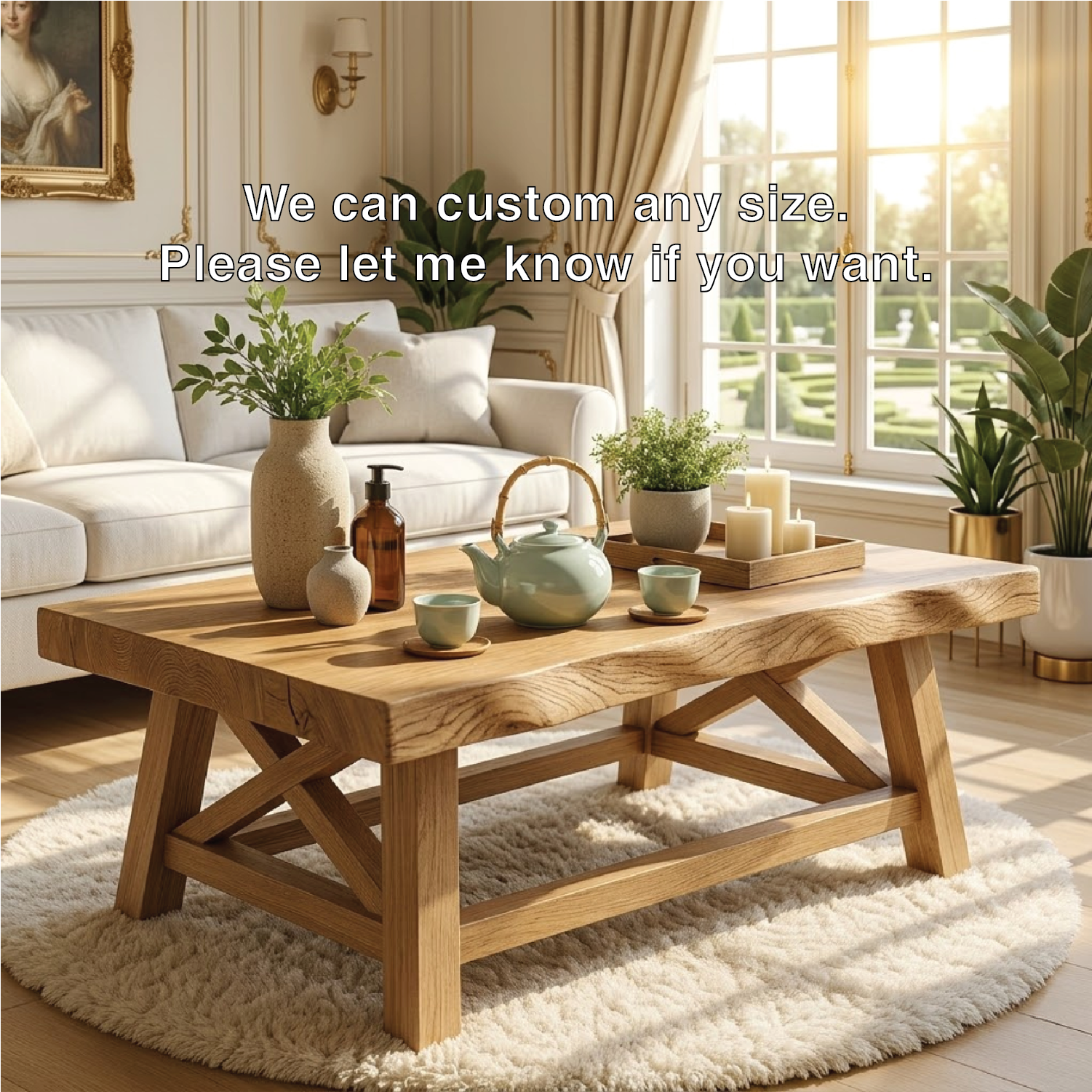 Handcrafted Wooden Coffee Table with X-Shaped Support, Natural Rustic Finish