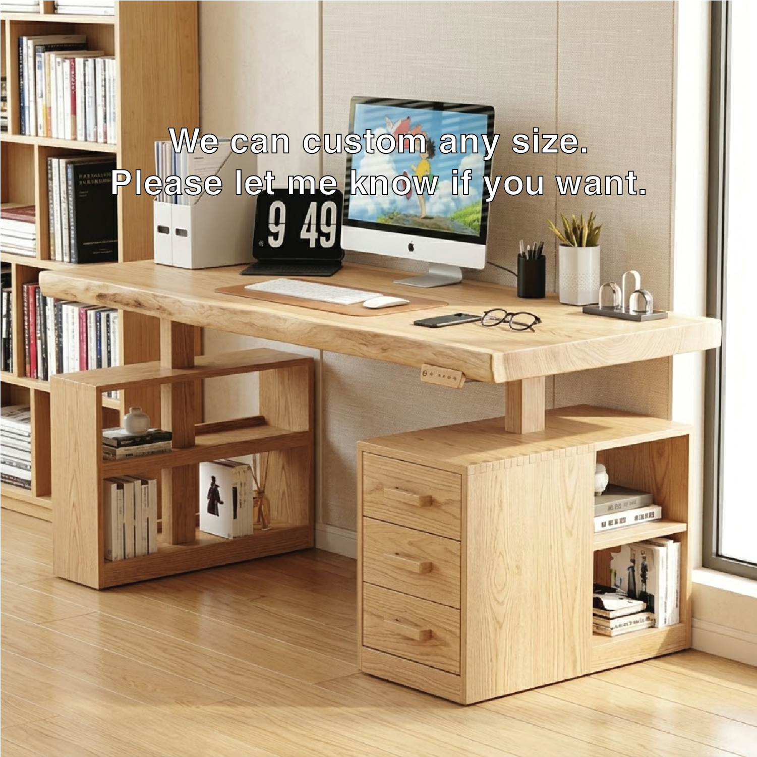 Modern Writing Desk with Drawers and Shelves, Home Office Computer Workstation Table