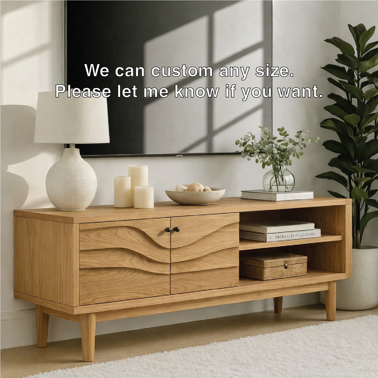 Mid Century Solid Wood TV Stand Wave Front Media Console Modern Entertainment Cabinet