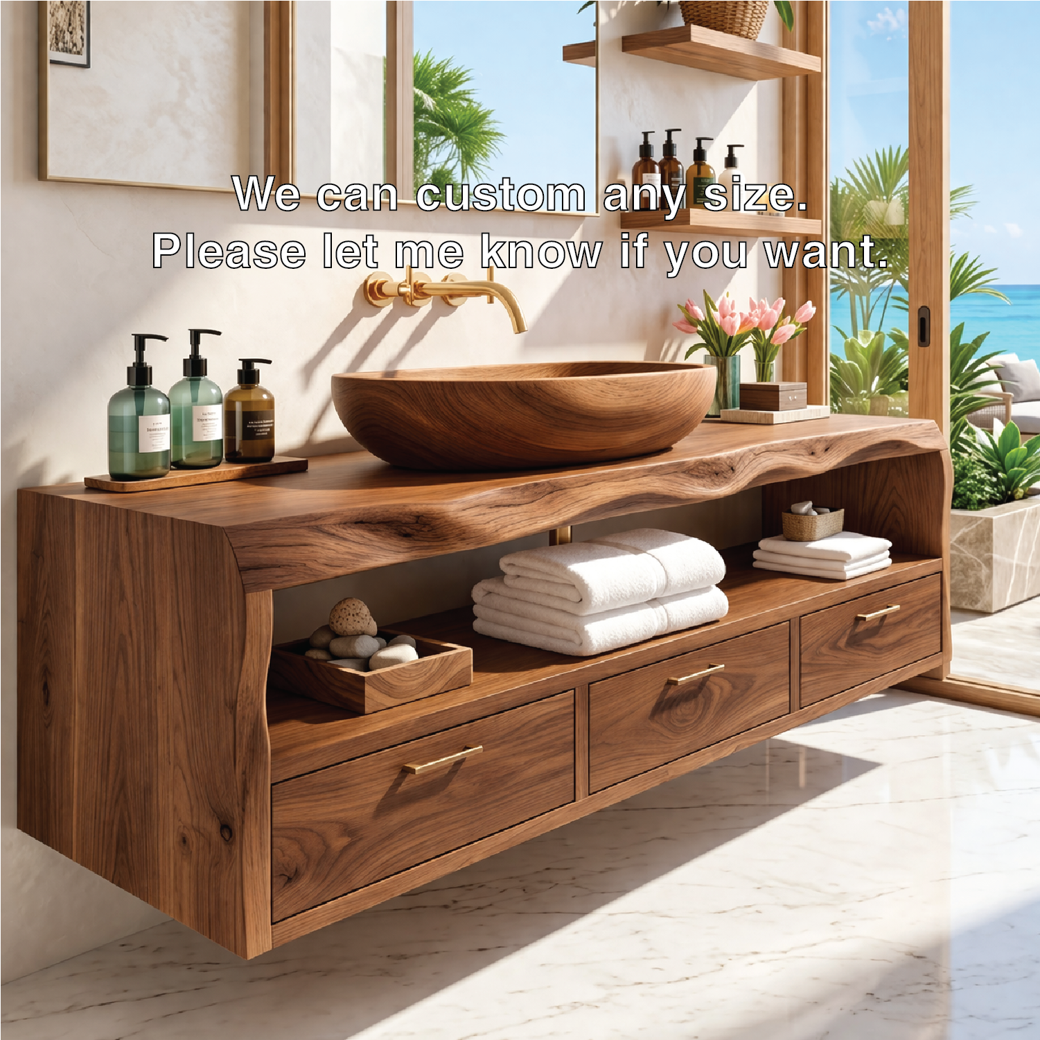 Modern Solid Wood Bathroom Vanity with Floating Drawers and Open Shelf Storage