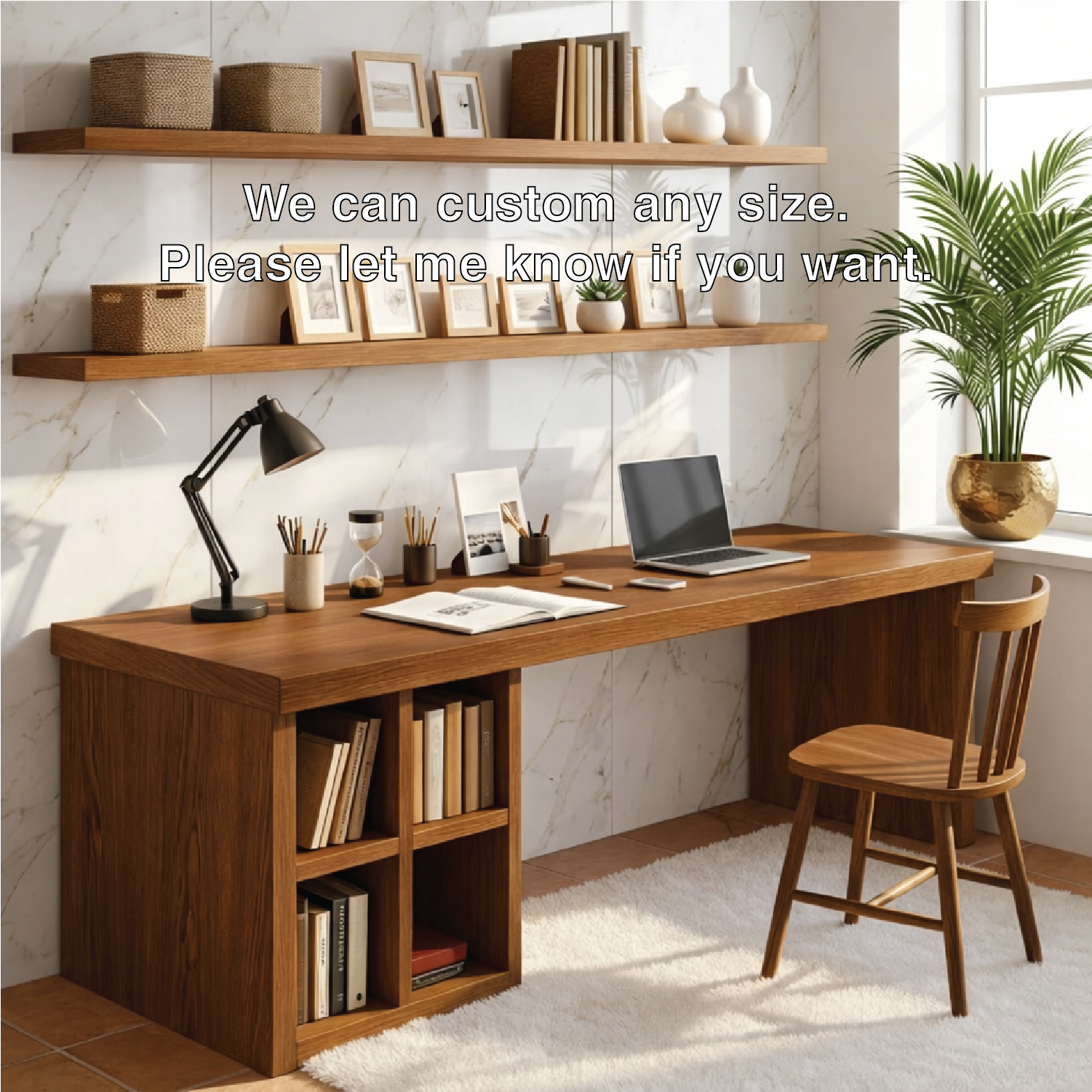 Modern Long Writing Desk with Storage Shelves Home Office Work Table Minimal Design