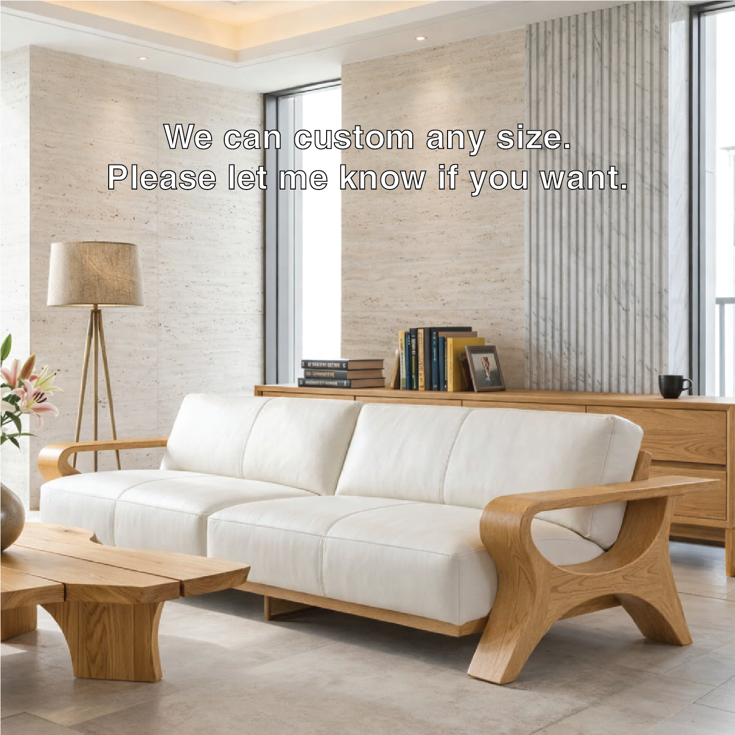 Modern Sculptural Solid Wood Sofa with White Leather Cushions Scandi Living Room Couch