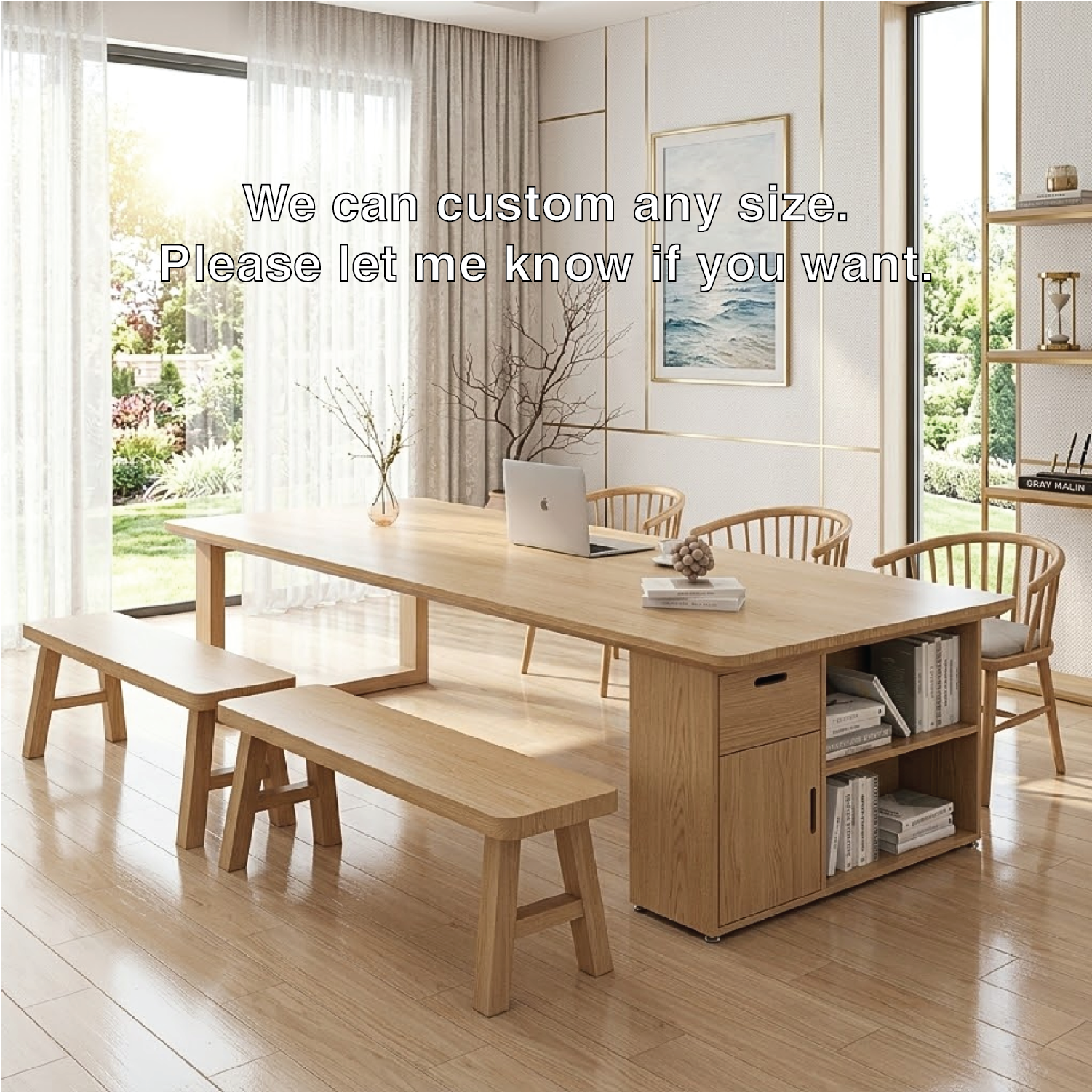 Modern Wooden Desk with Storage and Benches for Office or Home
