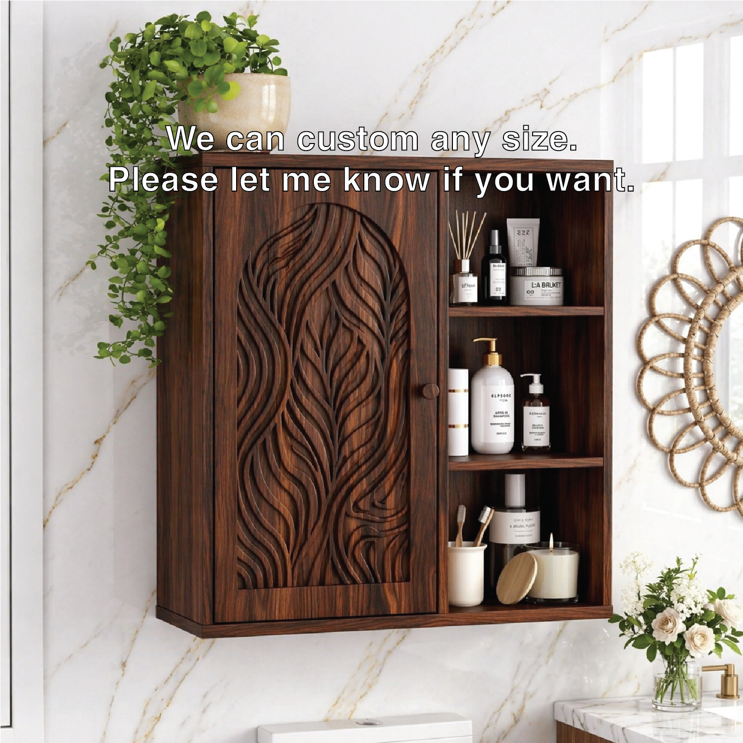Floating Bathroom Cabinet, Modern Carved Wall Mounted Vanity Storage Organizer Unit