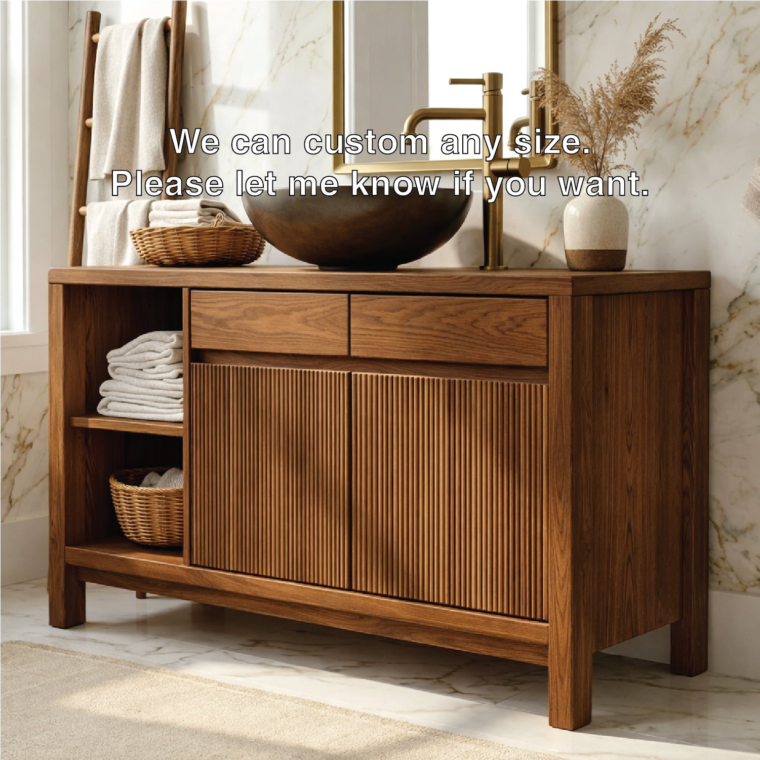 Modern Solid Wood Bathroom Vanity with Fluted Doors and Open Shelf Storage