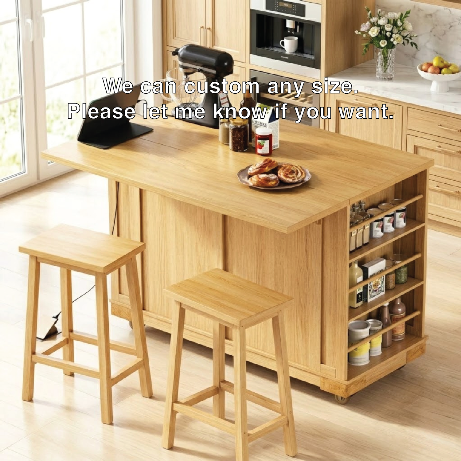 Large Kitchen Island with Side Spice Shelves, Modern Prep Table, Dining Island for Home Kitchen