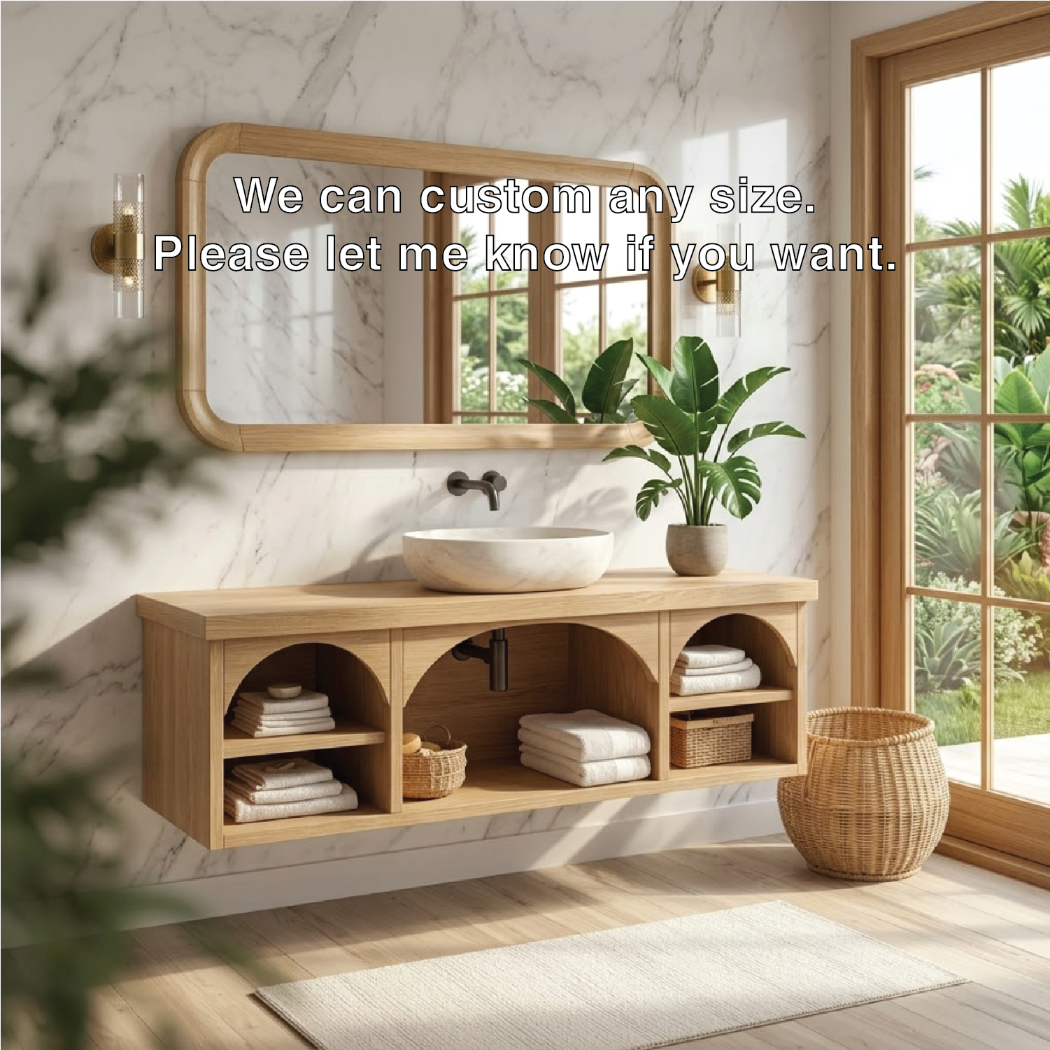 Solid Wood Floating Vanity with Arched Storage and Modern Design