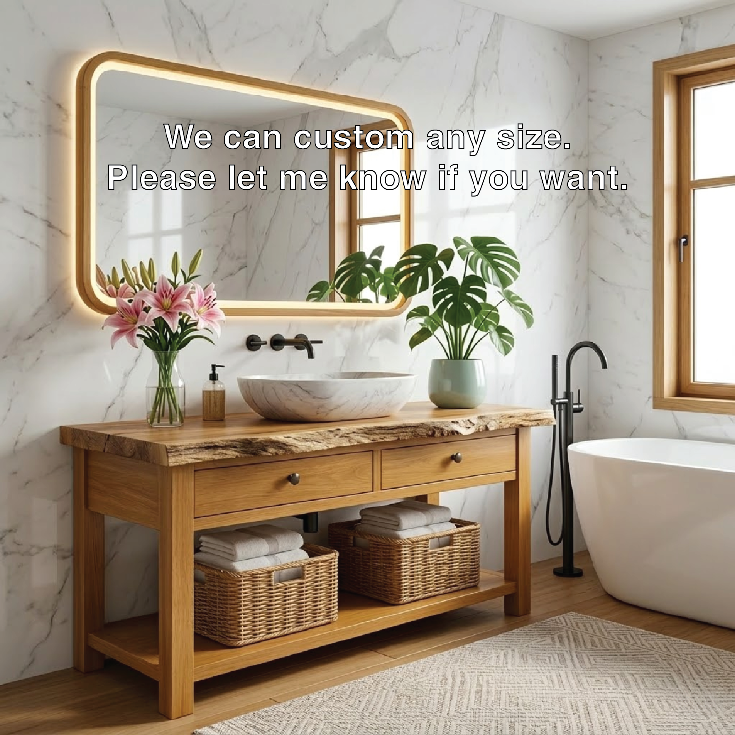 Modern Wooden Bathroom Vanity with Marble Sink and LED Mirror