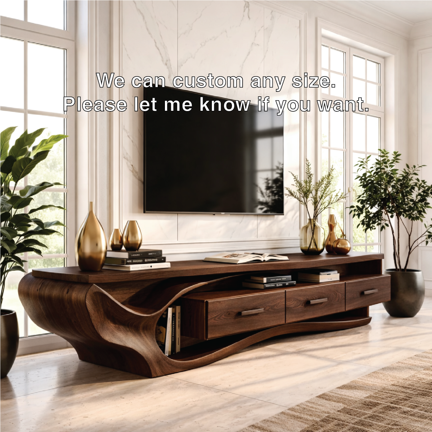 Solid Wood TV Stand with Wave Design, Modern Media Console Cabinet