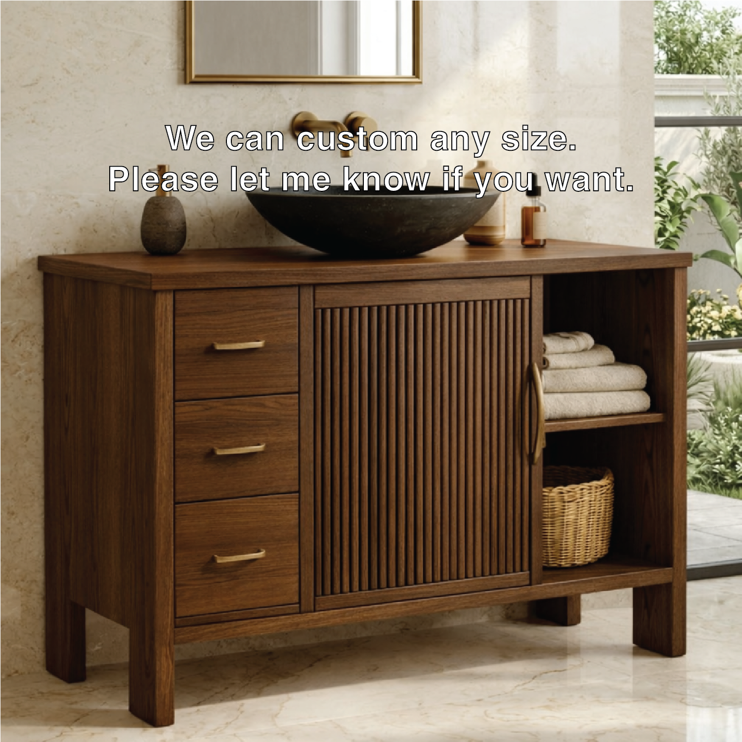 Modern Solid Wood Bathroom Vanity with Fluted Door, Drawers and Open Shelf Storage
