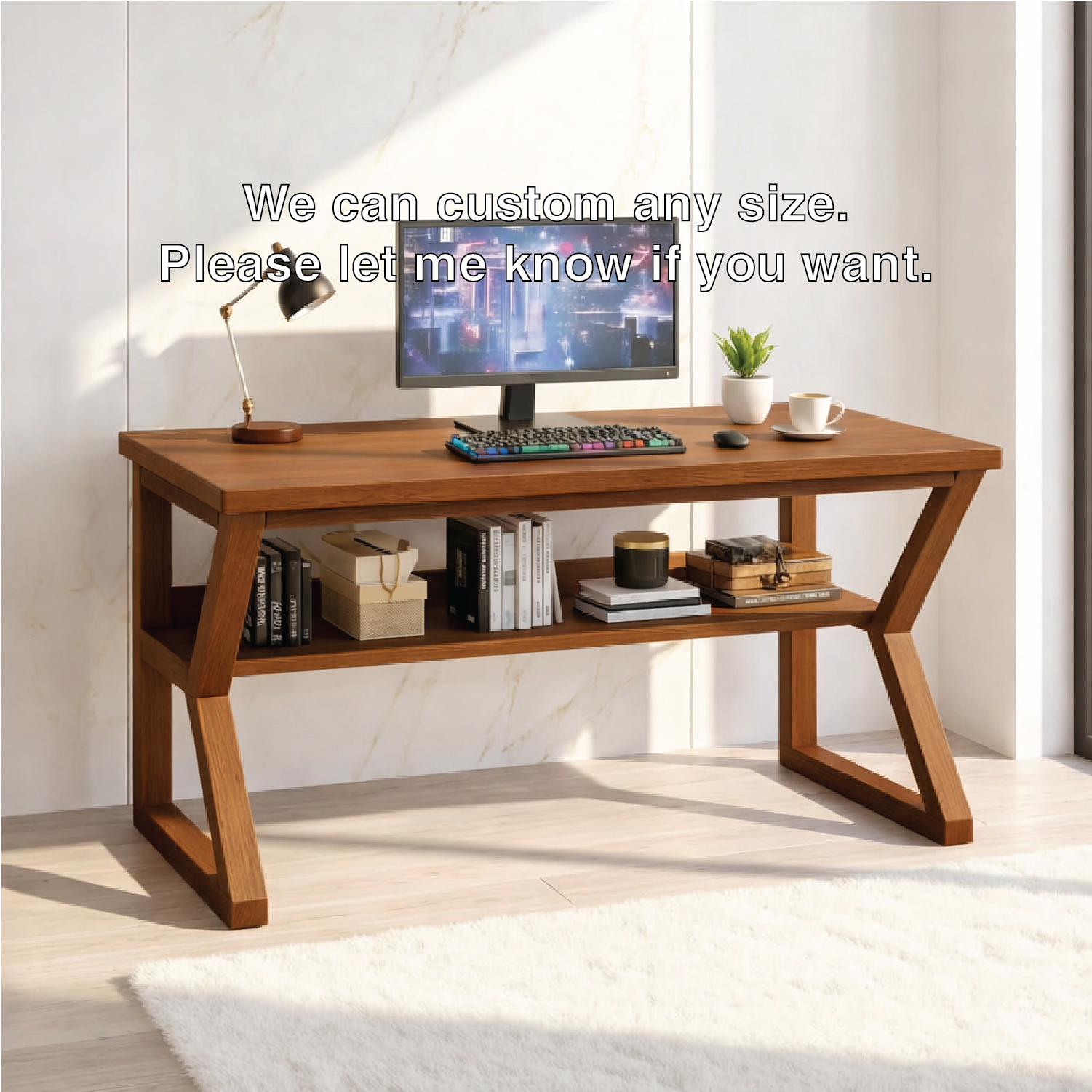 Modern Long Work Desk with Open Shelf Home Office Computer Desk Minimal Design Table