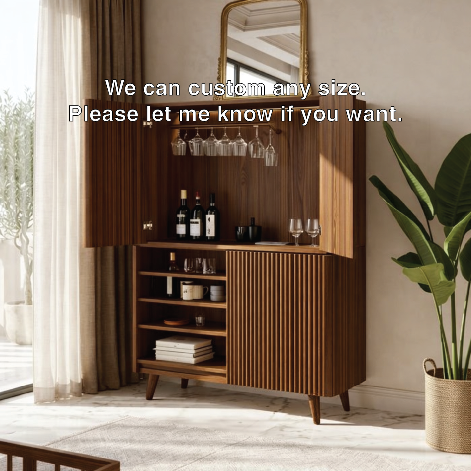 Modern Fluted Bar Cabinet with Wine Glass Rack and Concealed Storage Shelves