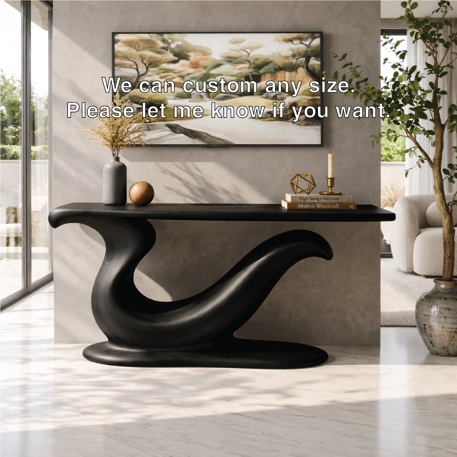 Solid Wood Console Table with Sculpted Curved Base, Modern Artistic Design