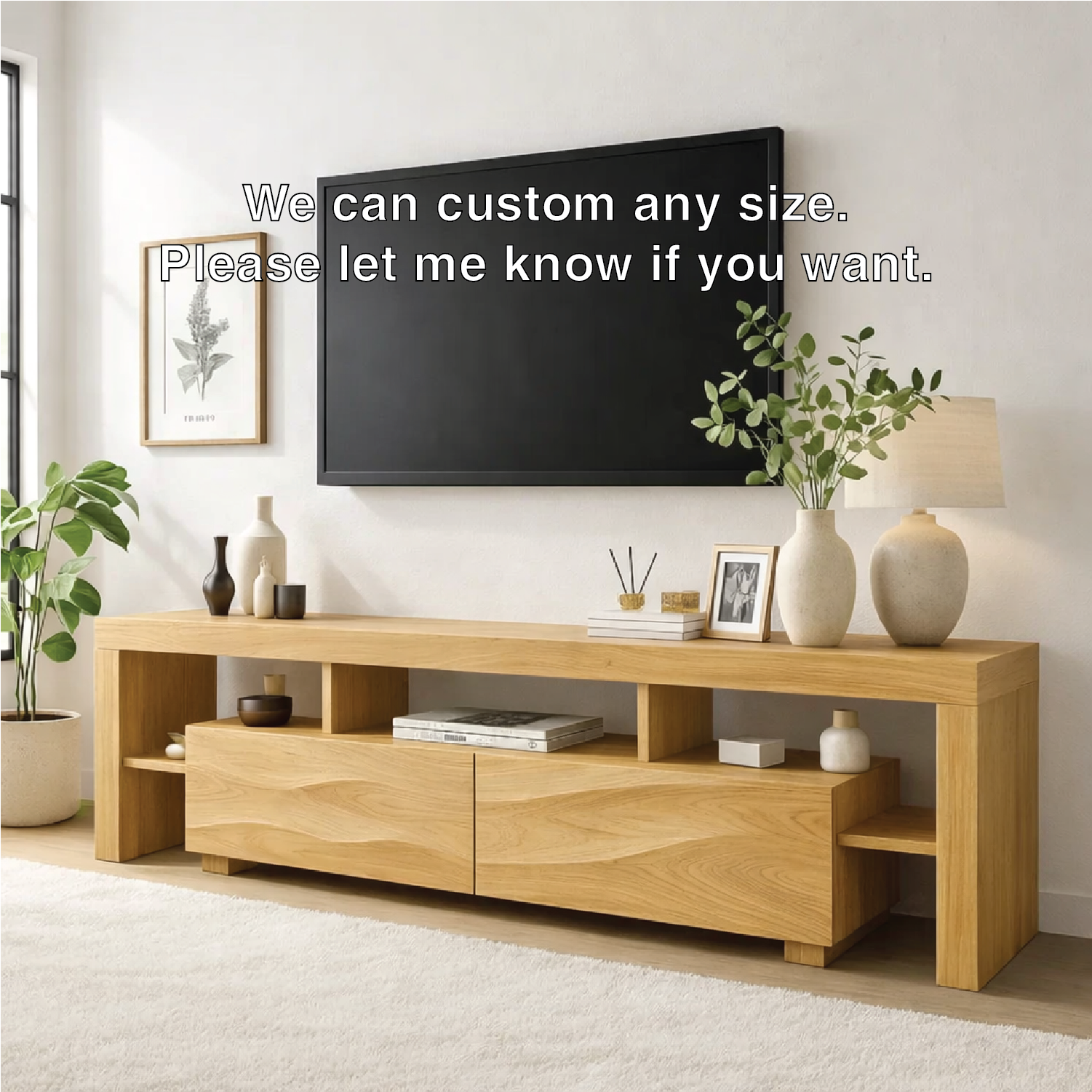 Modern Wave Front Wood TV Stand Long Media Console With Open Shelves Entertainment Center