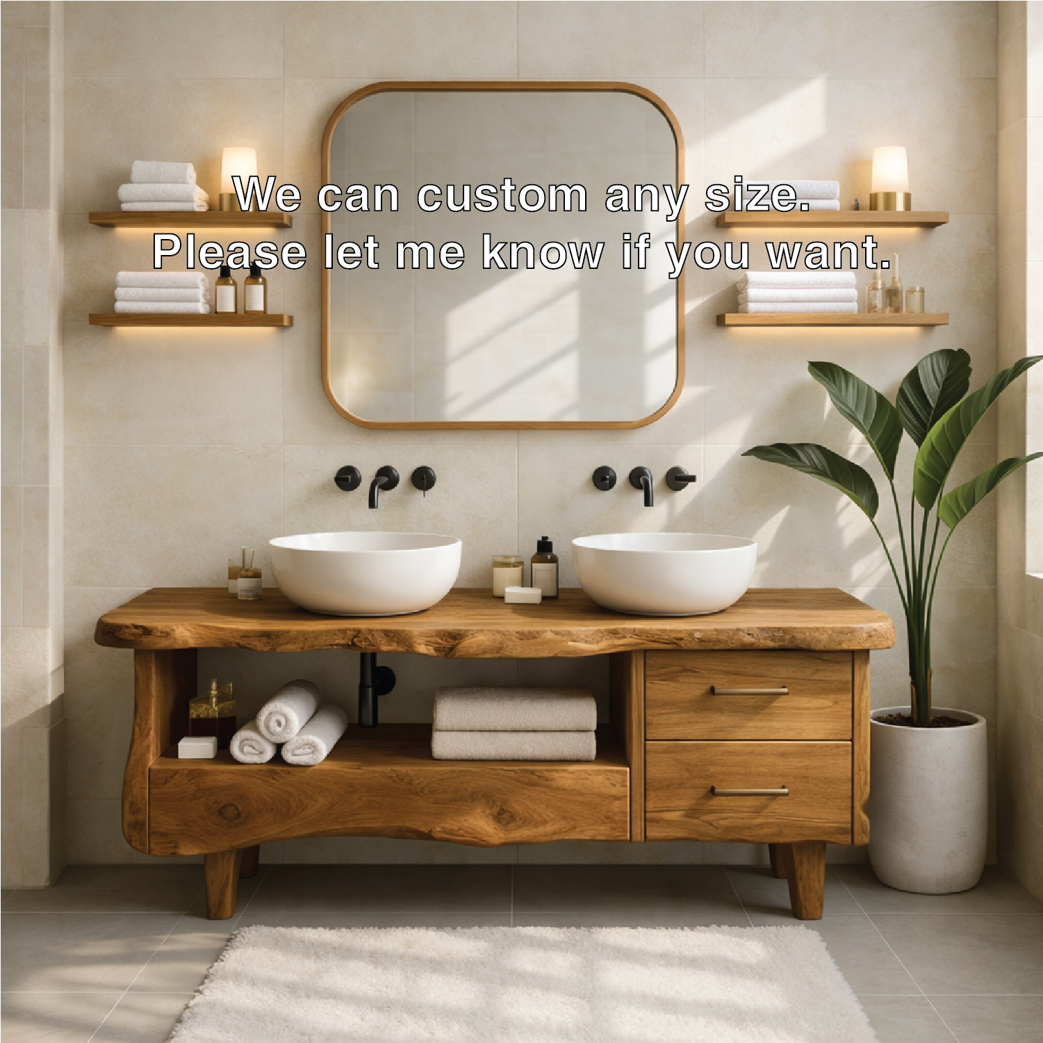 Rustic Double Bathroom Vanity Cabinet With Live Edge Wood Top And Drawers