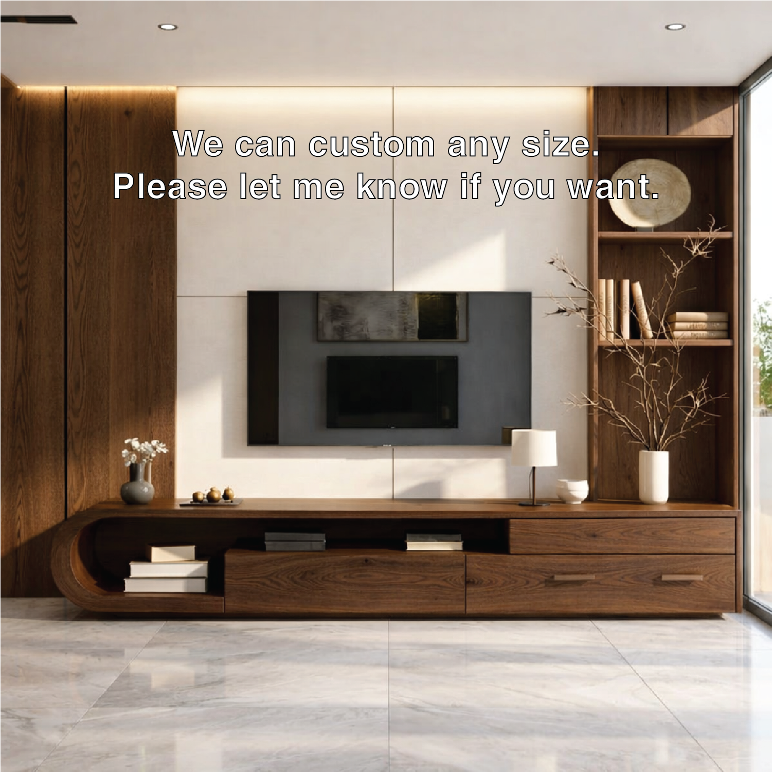 Solid Wood TV Stand with Curved Shelf, Modern Low Profile Media Console