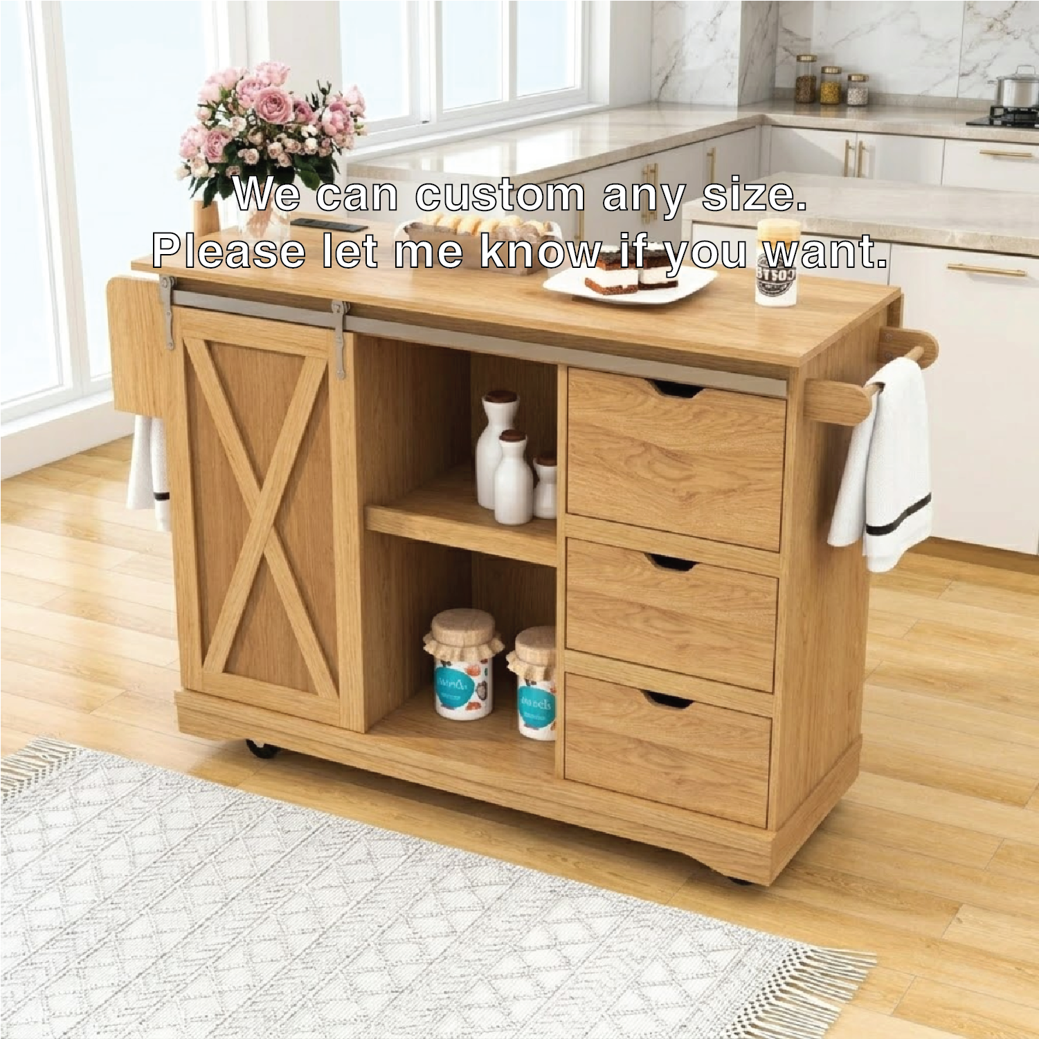 Rolling Kitchen Island with Drawers, Sliding Barn Door Storage Cart, Modern Prep Table for Kitchen