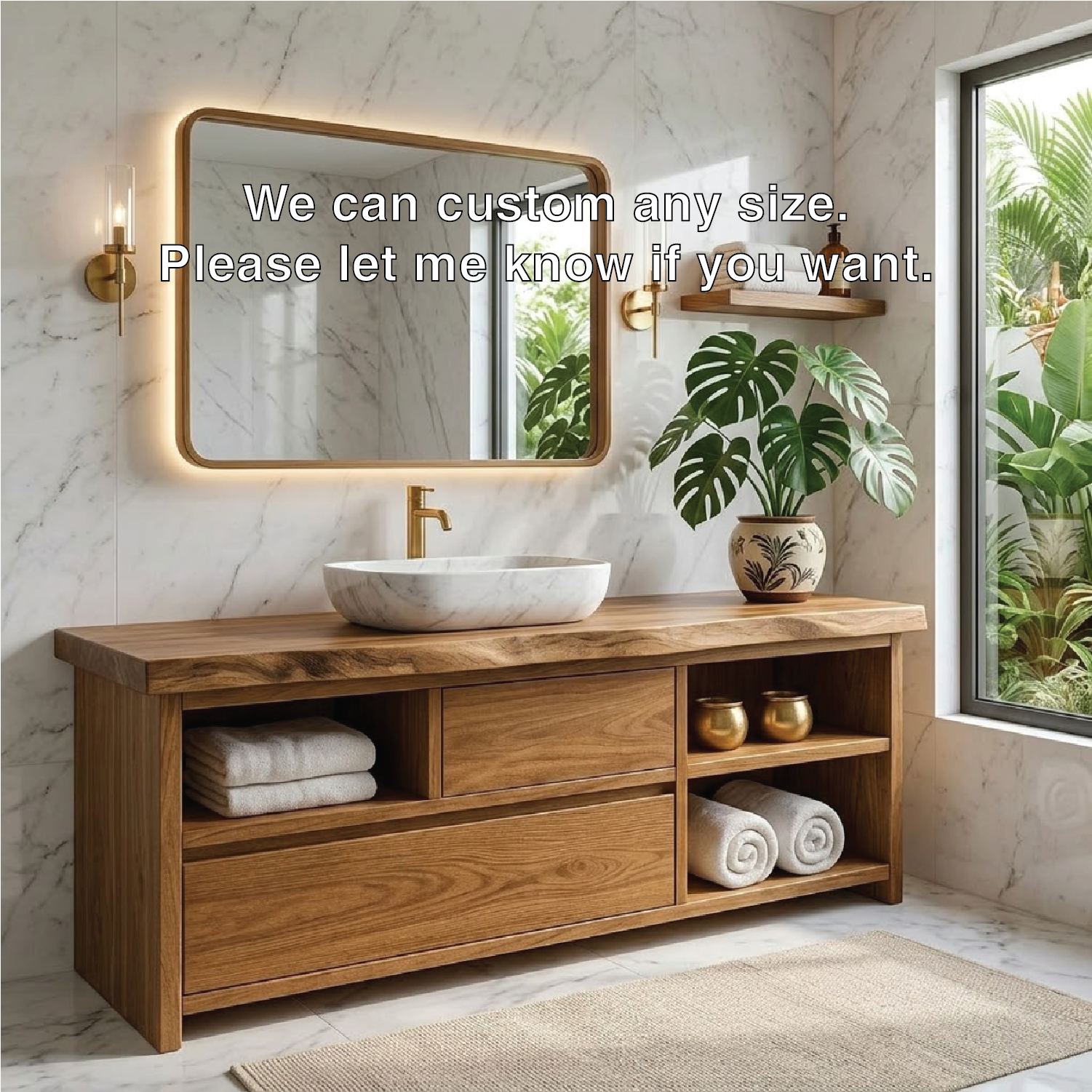 Elegant Wooden Bathroom Vanity with Marble Sink and LED Mirror