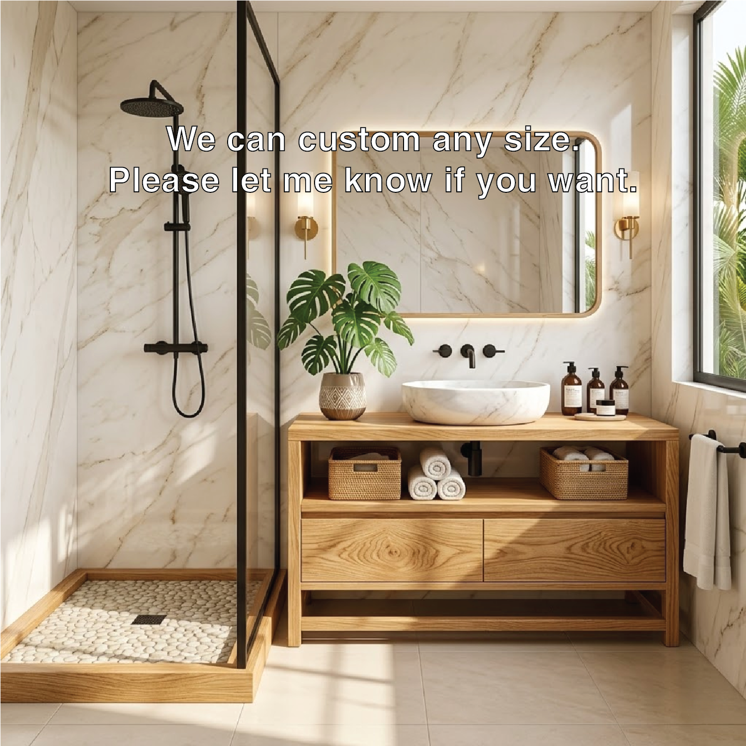 Modern Oak Bathroom Vanity with Marble Sink and LED Mirror